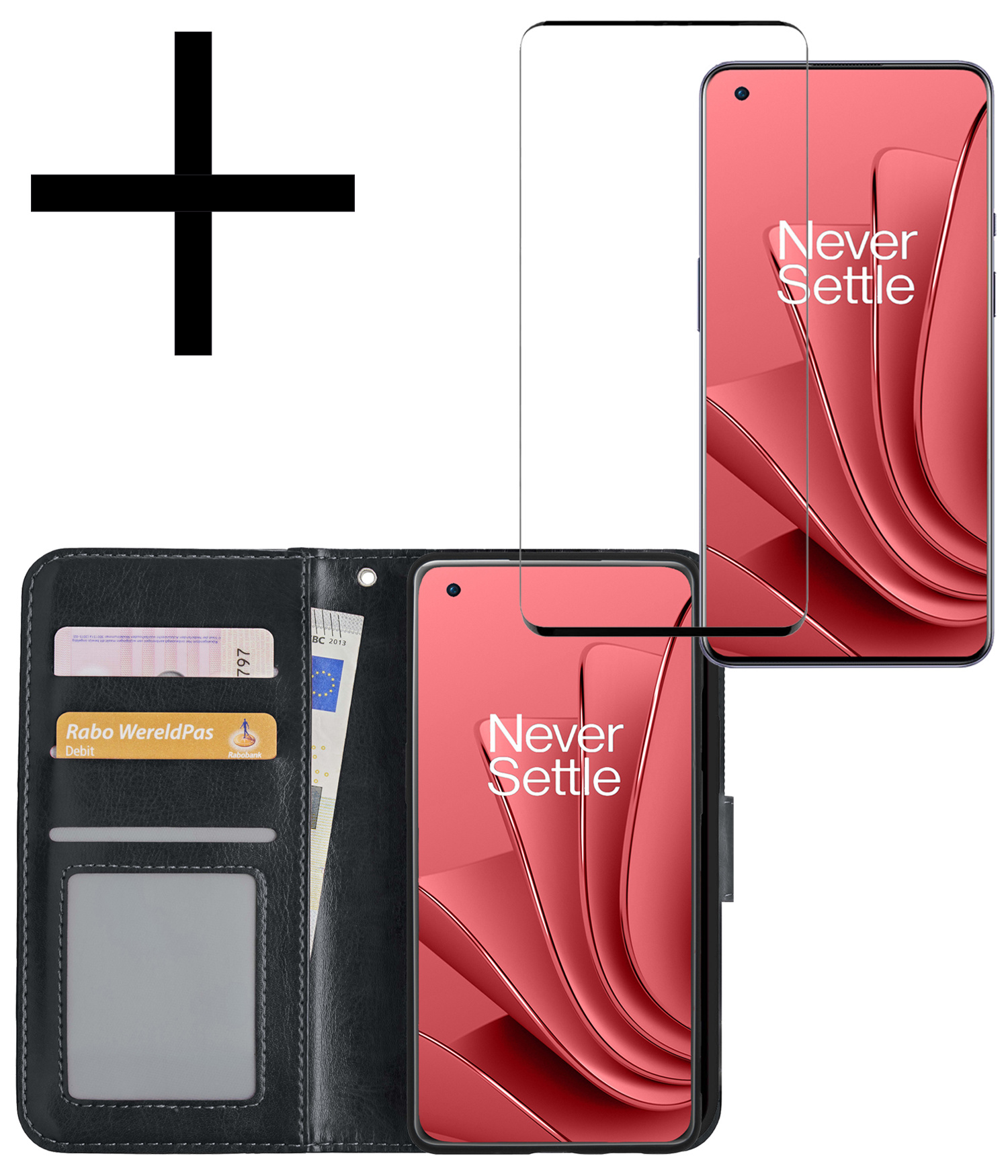 Hoes Geschikt voor OnePlus 10 Pro Hoesje Book Case Hoes Flip Cover Wallet Bookcase Met Screenprotector - Zwart