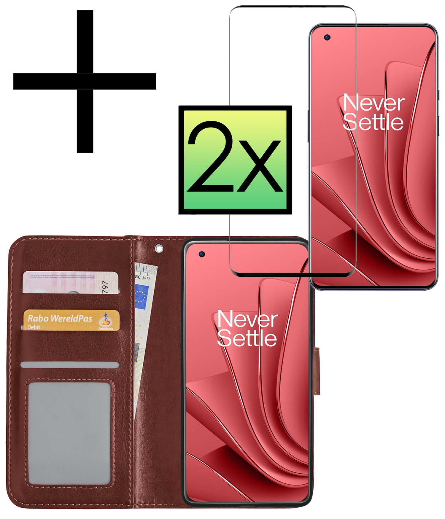 NoXx Hoes Geschikt voor OnePlus 10 Pro Hoesje Book Case Hoes Flip Cover Wallet Bookcase Met 2x Screenprotector - Bruin