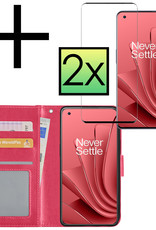 NoXx Hoes Geschikt voor OnePlus 10 Pro Hoesje Book Case Hoes Flip Cover Wallet Bookcase Met 2x Screenprotector - Donkerroze