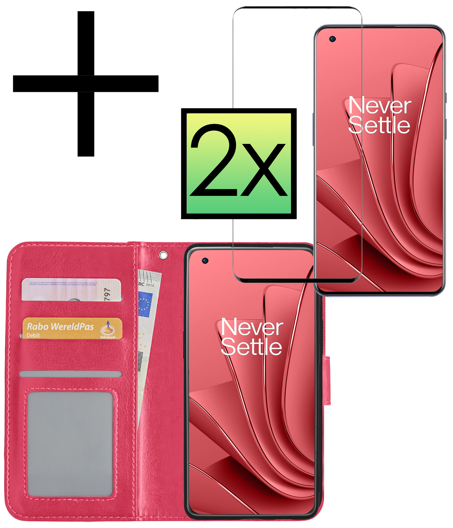 Hoes Geschikt voor OnePlus 10 Pro Hoesje Book Case Hoes Flip Cover Wallet Bookcase Met 2x Screenprotector - Donkerroze