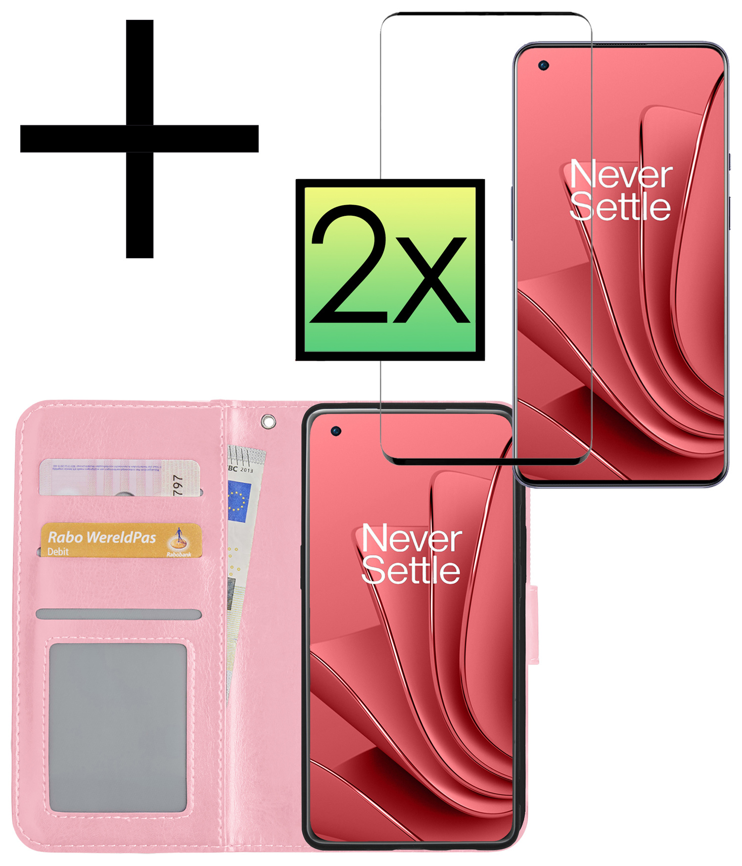 NoXx Hoes Geschikt voor OnePlus 10 Pro Hoesje Book Case Hoes Flip Cover Wallet Bookcase Met 2x Screenprotector - Lichtroze