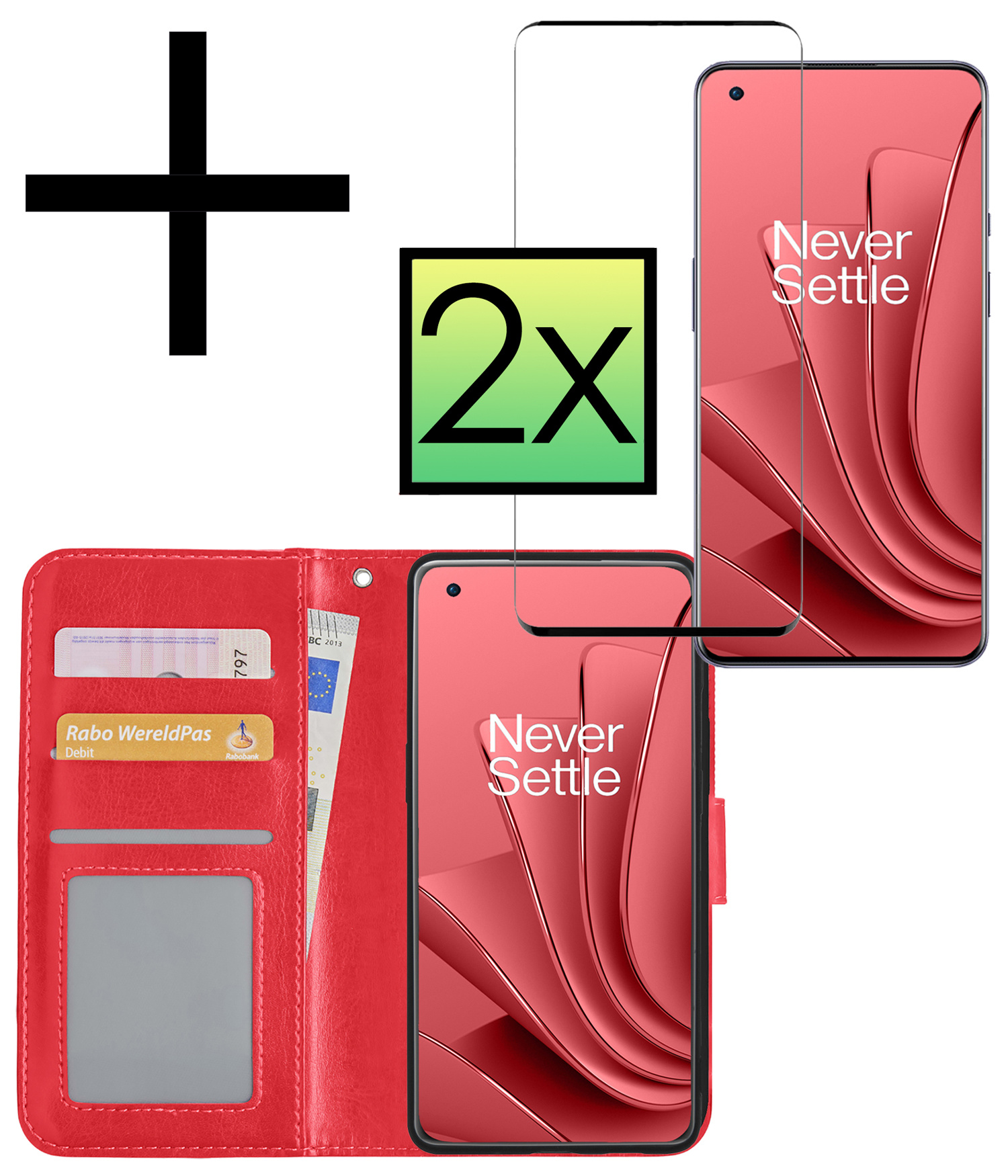 NoXx Hoes Geschikt voor OnePlus 10 Pro Hoesje Book Case Hoes Flip Cover Wallet Bookcase Met 2x Screenprotector - Rood