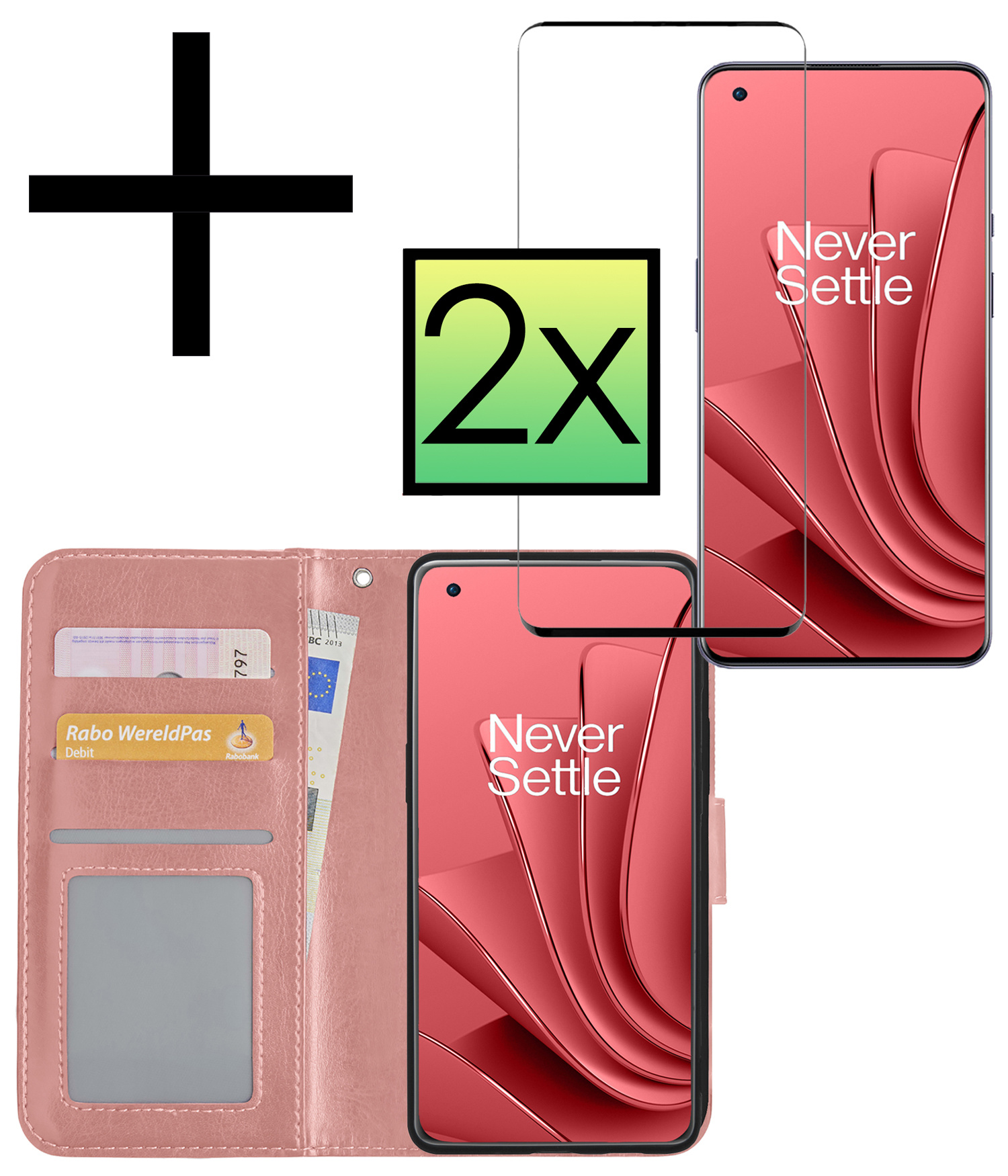 NoXx Hoes Geschikt voor OnePlus 10 Pro Hoesje Book Case Hoes Flip Cover Wallet Bookcase Met 2x Screenprotector - Rosé goud
