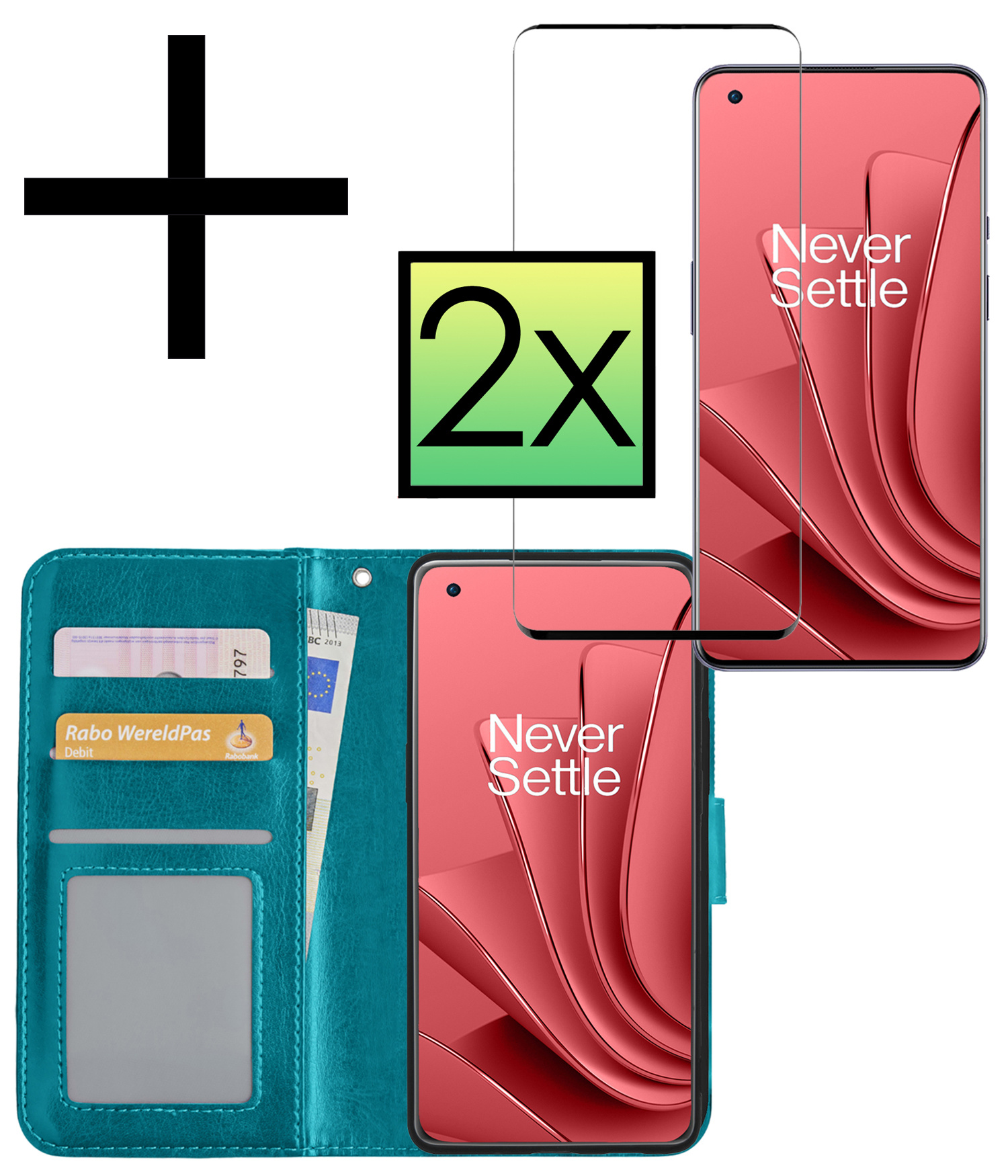 NoXx Hoes Geschikt voor OnePlus 10 Pro Hoesje Book Case Hoes Flip Cover Wallet Bookcase Met 2x Screenprotector - Turquoise