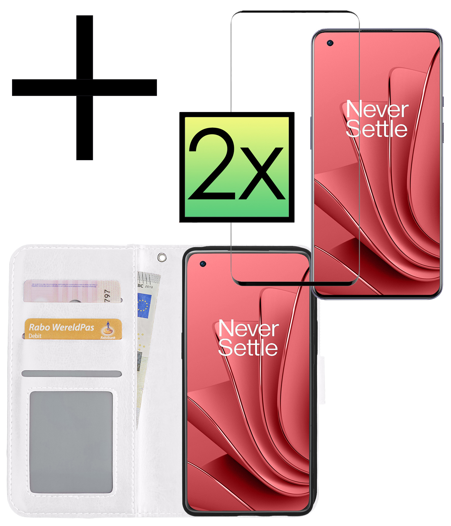 NoXx Hoes Geschikt voor OnePlus 10 Pro Hoesje Book Case Hoes Flip Cover Wallet Bookcase Met 2x Screenprotector - Wit