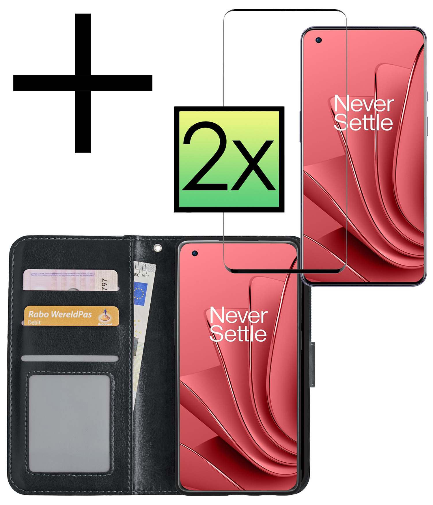 NoXx Hoes Geschikt voor OnePlus 10 Pro Hoesje Book Case Hoes Flip Cover Wallet Bookcase Met 2x Screenprotector - Zwart