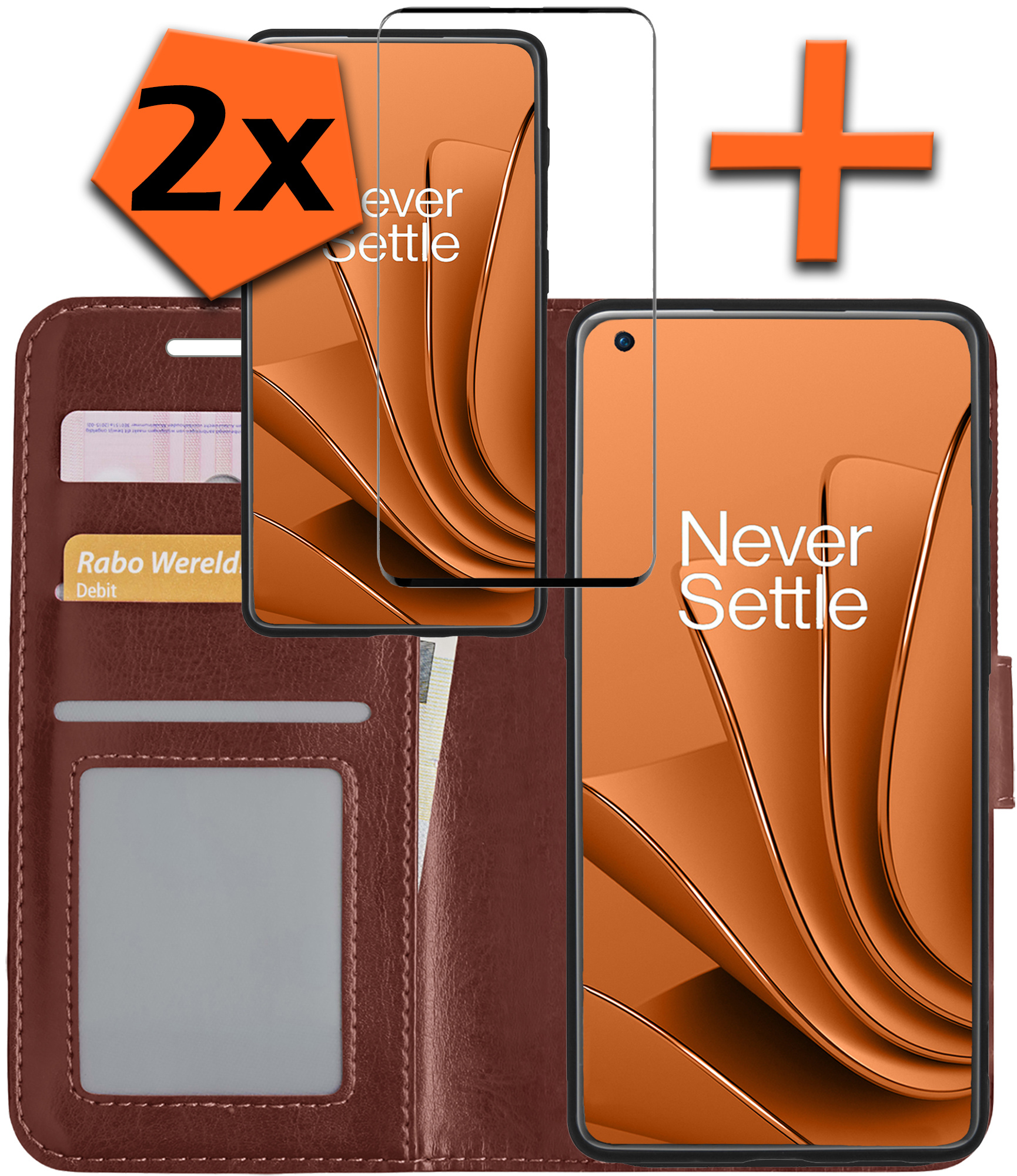 Nomfy Hoesje Geschikt voor OnePlus 10 Pro Hoes Bookcase Flipcase Book Cover Met 2x Screenprotector - Hoes Geschikt voor OnePlus 10 Pro Hoesje Book Case - Bruin
