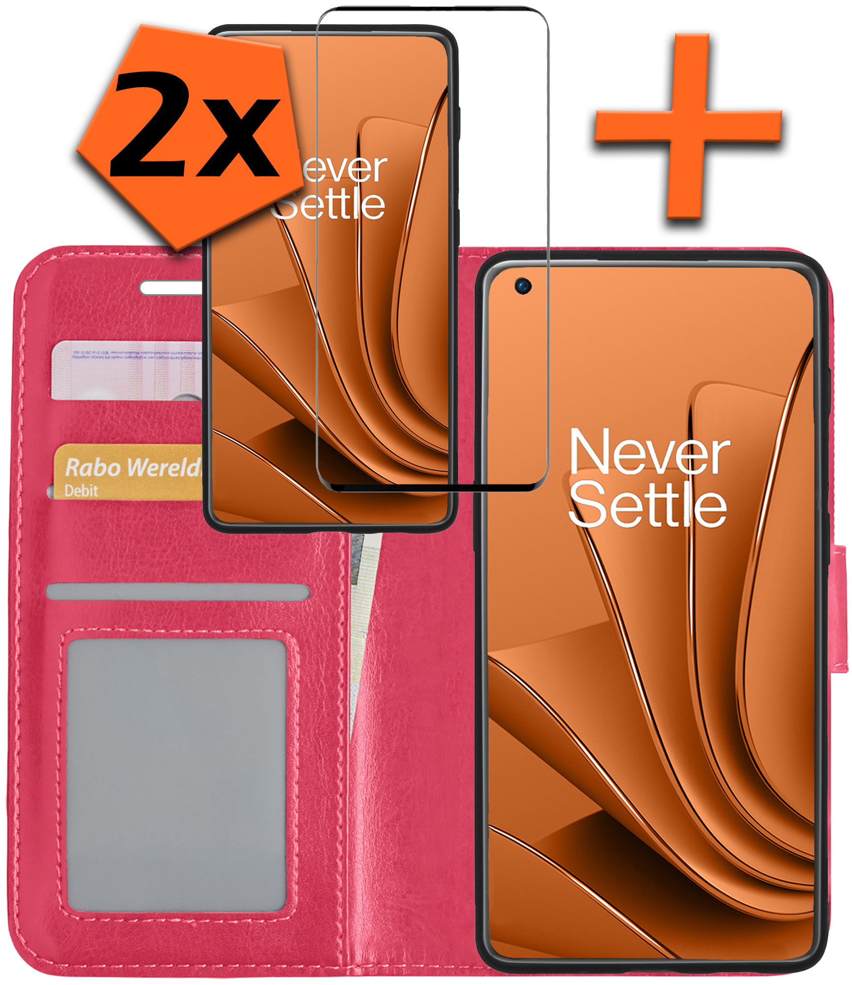 Nomfy Hoesje Geschikt voor OnePlus 10 Pro Hoes Bookcase Flipcase Book Cover Met 2x Screenprotector - Hoes Geschikt voor OnePlus 10 Pro Hoesje Book Case - Donkerroze