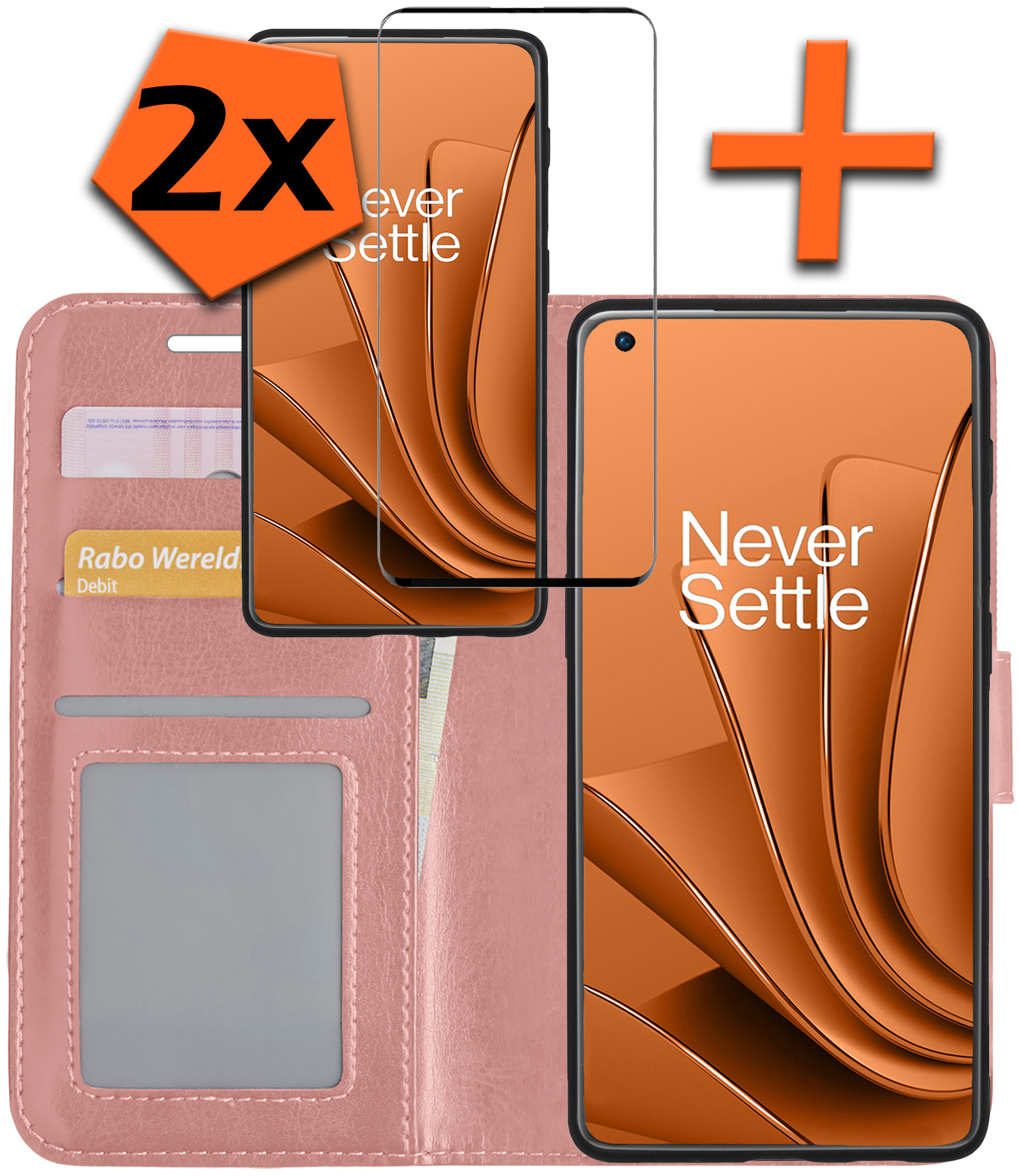 Nomfy Hoesje Geschikt voor OnePlus 10 Pro Hoes Bookcase Flipcase Book Cover Met 2x Screenprotector - Hoes Geschikt voor OnePlus 10 Pro Hoesje Book Case - Rosé goud