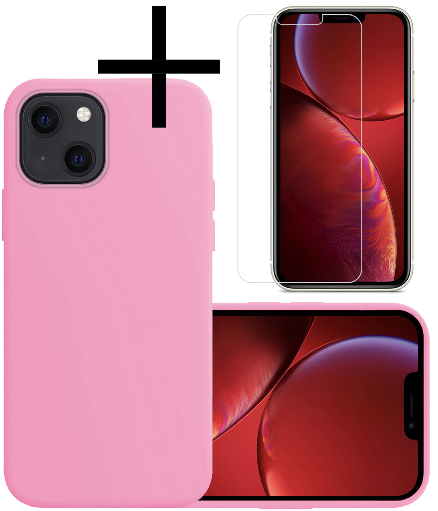 NoXx Hoes Geschikt voor iPhone 13 Hoesje Cover Siliconen Back Case Hoes Met Screenprotector - Lichtroze