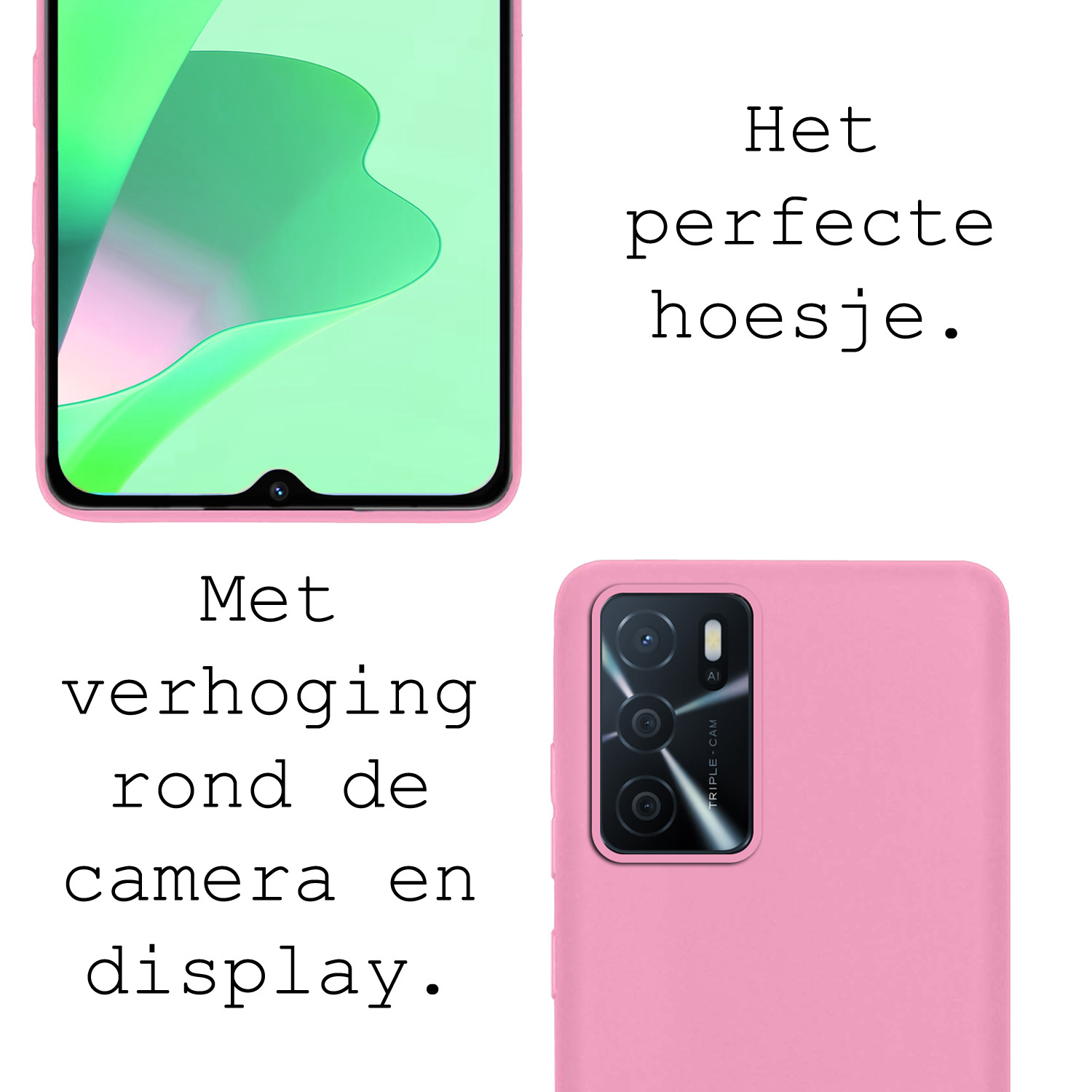 BASEY. Hoes Geschikt voor OPPO A16 Hoesje Siliconen Back Cover Case Met Screenprotector - Hoesje Geschikt voor OPPO A16 Hoes Cover Hoesje - Lichtroze