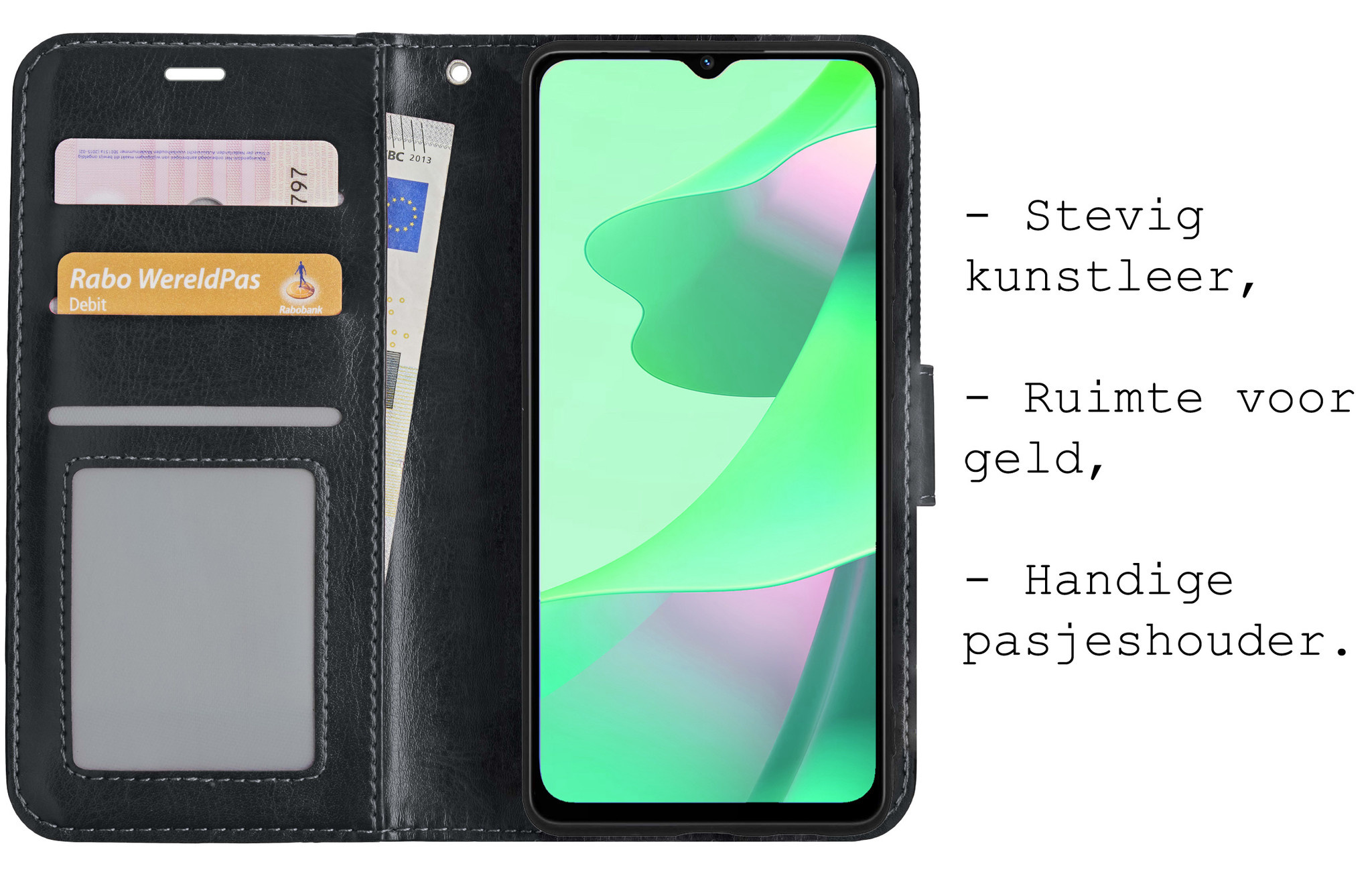 BASEY. Hoes Geschikt voor OPPO A16 Hoesje Bookcase Hoes Flip Case Book Cover Met Screenprotector - Hoesje Geschikt voor OPPO A16 Hoes Book Case Hoesje - Zwart