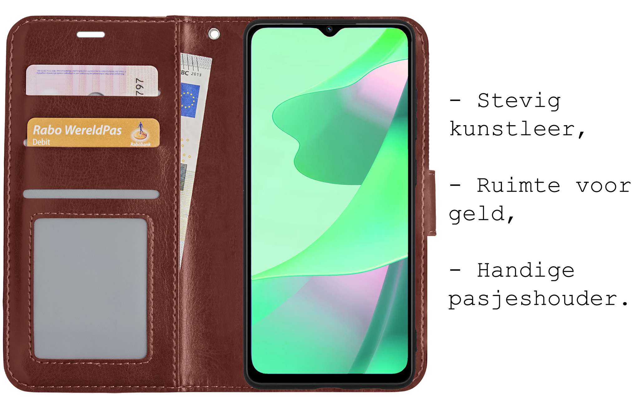 BASEY. Hoes Geschikt voor OPPO A16 Hoesje Bookcase Hoes Flip Case Book Cover Met 2x Screenprotector - Hoesje Geschikt voor OPPO A16 Hoes Book Case Hoesje - Bruin