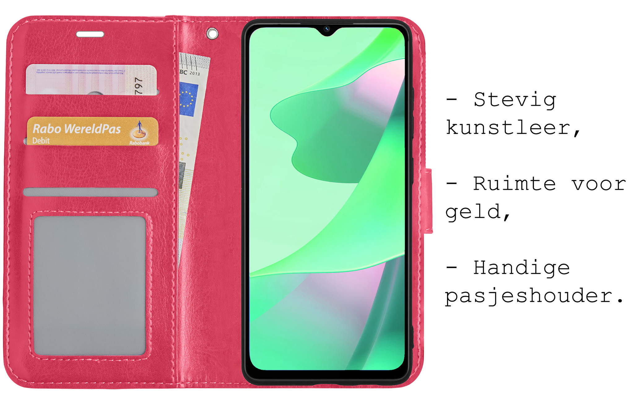 BASEY. Hoes Geschikt voor OPPO A16 Hoesje Bookcase Hoes Flip Case Book Cover Met 2x Screenprotector - Hoesje Geschikt voor OPPO A16 Hoes Book Case Hoesje - Donkerroze