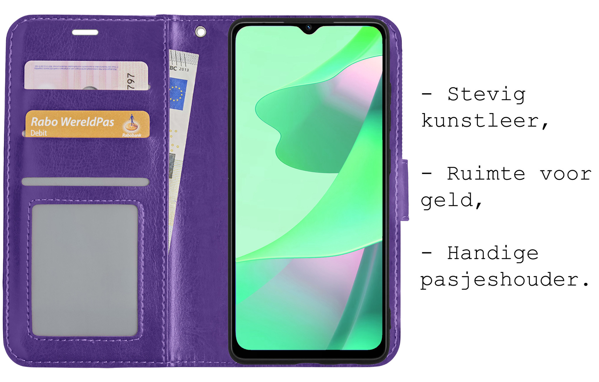 BASEY. Hoes Geschikt voor OPPO A16 Hoesje Bookcase Hoes Flip Case Book Cover Met 2x Screenprotector - Hoesje Geschikt voor OPPO A16 Hoes Book Case Hoesje - Paars