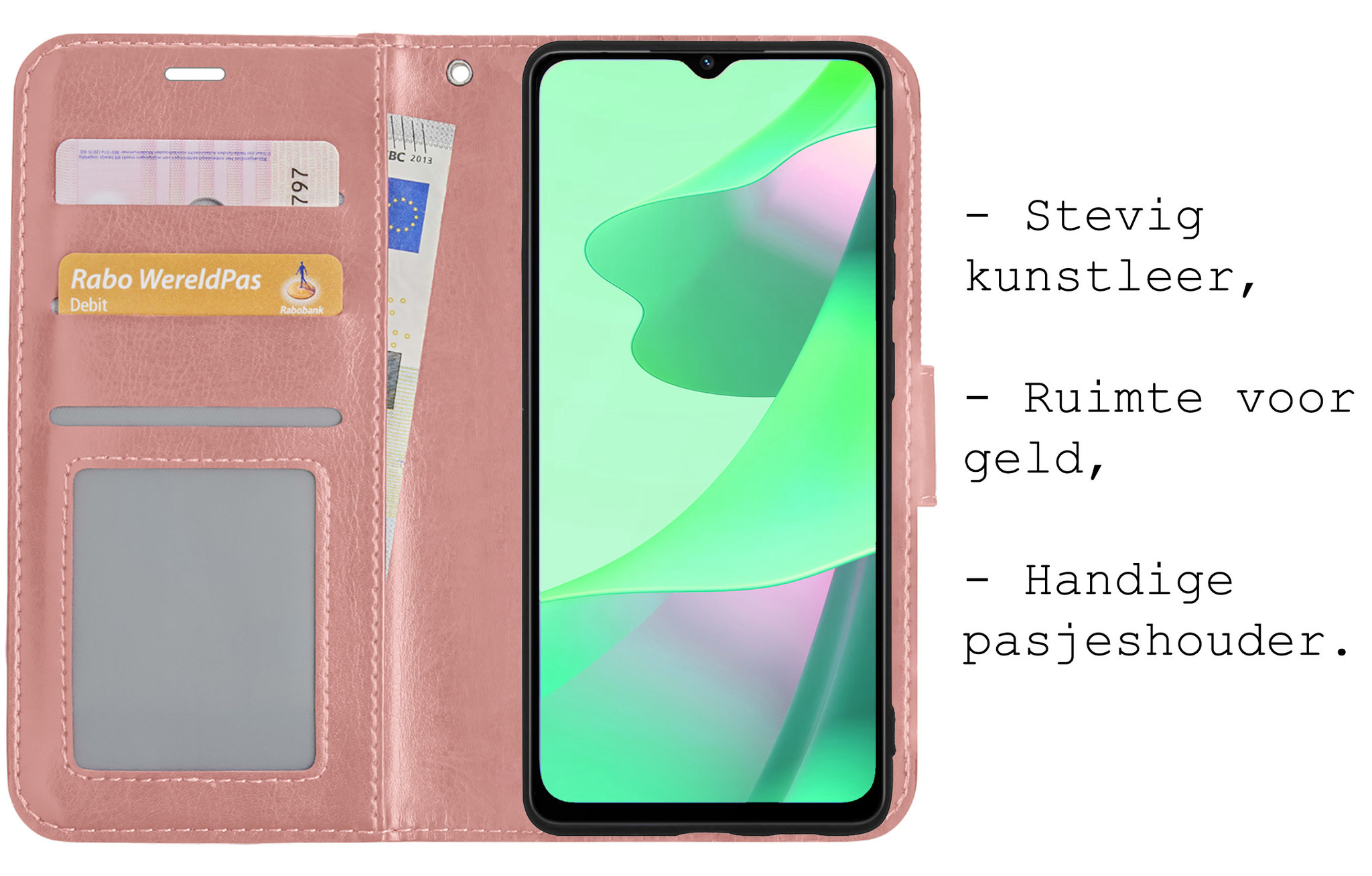 BASEY. Hoes Geschikt voor OPPO A16 Hoesje Bookcase Hoes Flip Case Book Cover Met 2x Screenprotector - Hoesje Geschikt voor OPPO A16 Hoes Book Case Hoesje - Rosé goud