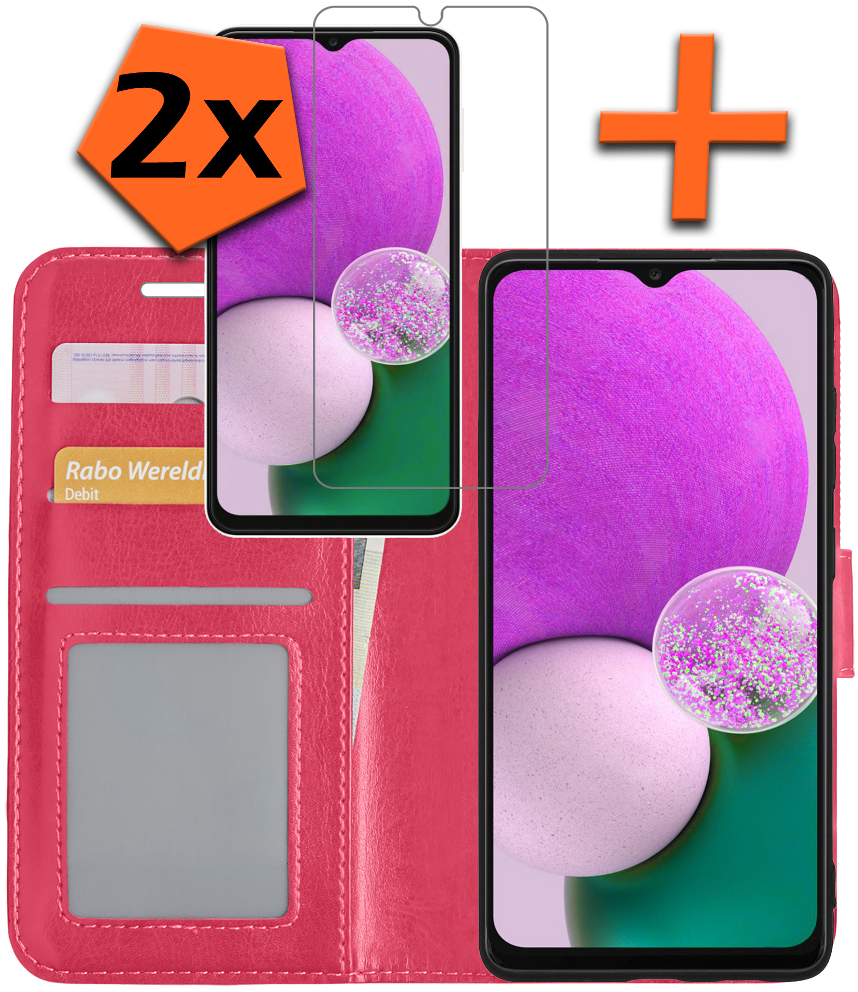 Nomfy Hoesje Geschikt voor Samsung A13 5G Hoes Bookcase Flipcase Book Cover Met 2x Screenprotector - Hoes Geschikt voor Samsung Galaxy A13 5G Hoesje Book Case - Donkerroze