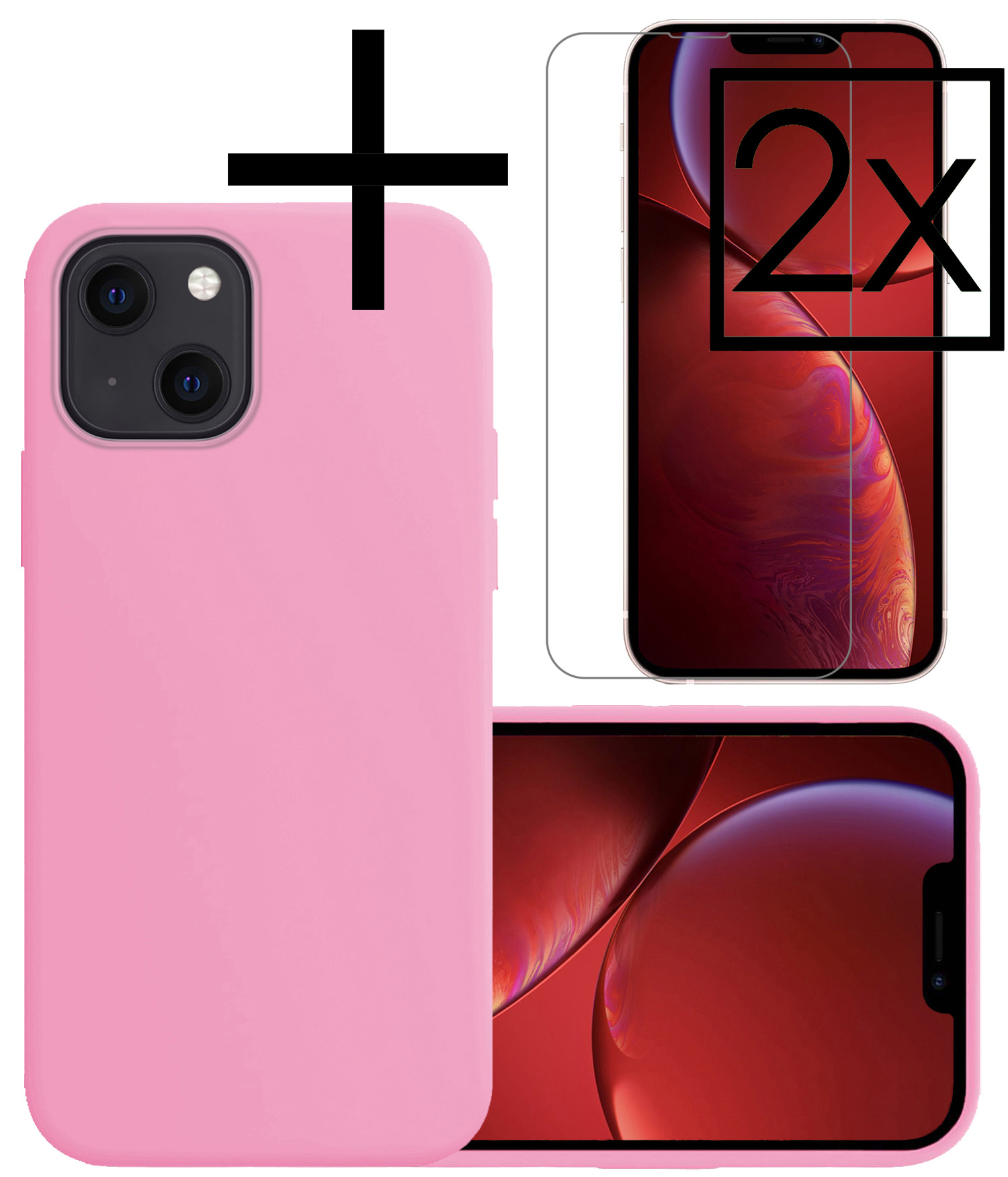 NoXx Hoes Geschikt voor iPhone 13 Mini Hoesje Cover Siliconen Back Case Hoes Met 2x Screenprotector - Lichtroze