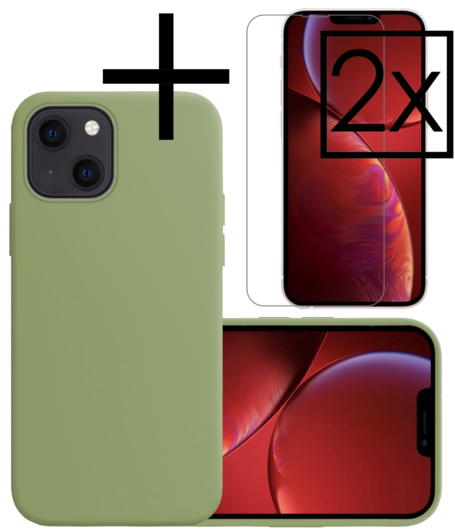 NoXx Hoes Geschikt voor iPhone 13 Mini Hoesje Cover Siliconen Back Case Hoes Met 2x Screenprotector - Groen