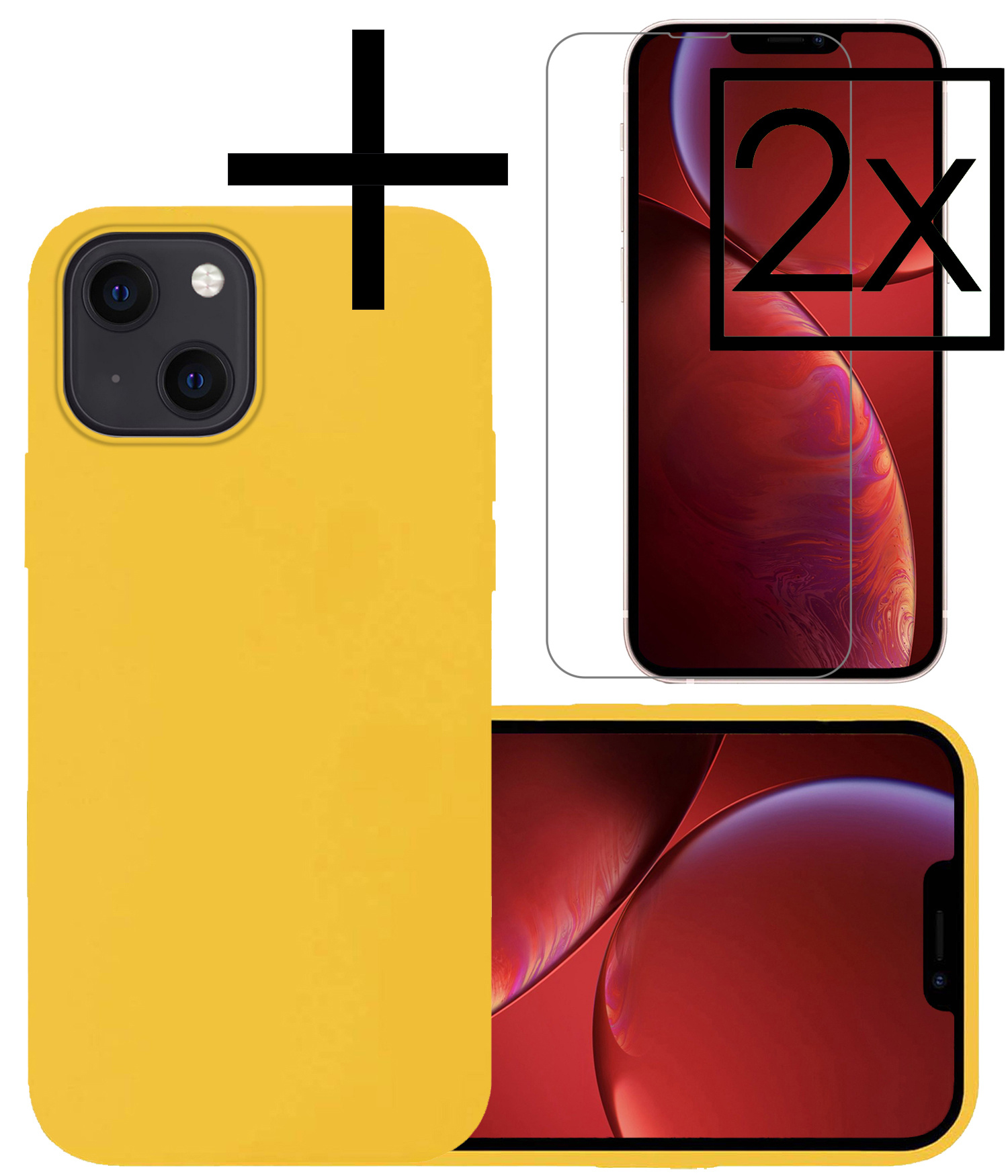 NoXx Hoes Geschikt voor iPhone 13 Mini Hoesje Cover Siliconen Back Case Hoes Met 2x Screenprotector - Geel