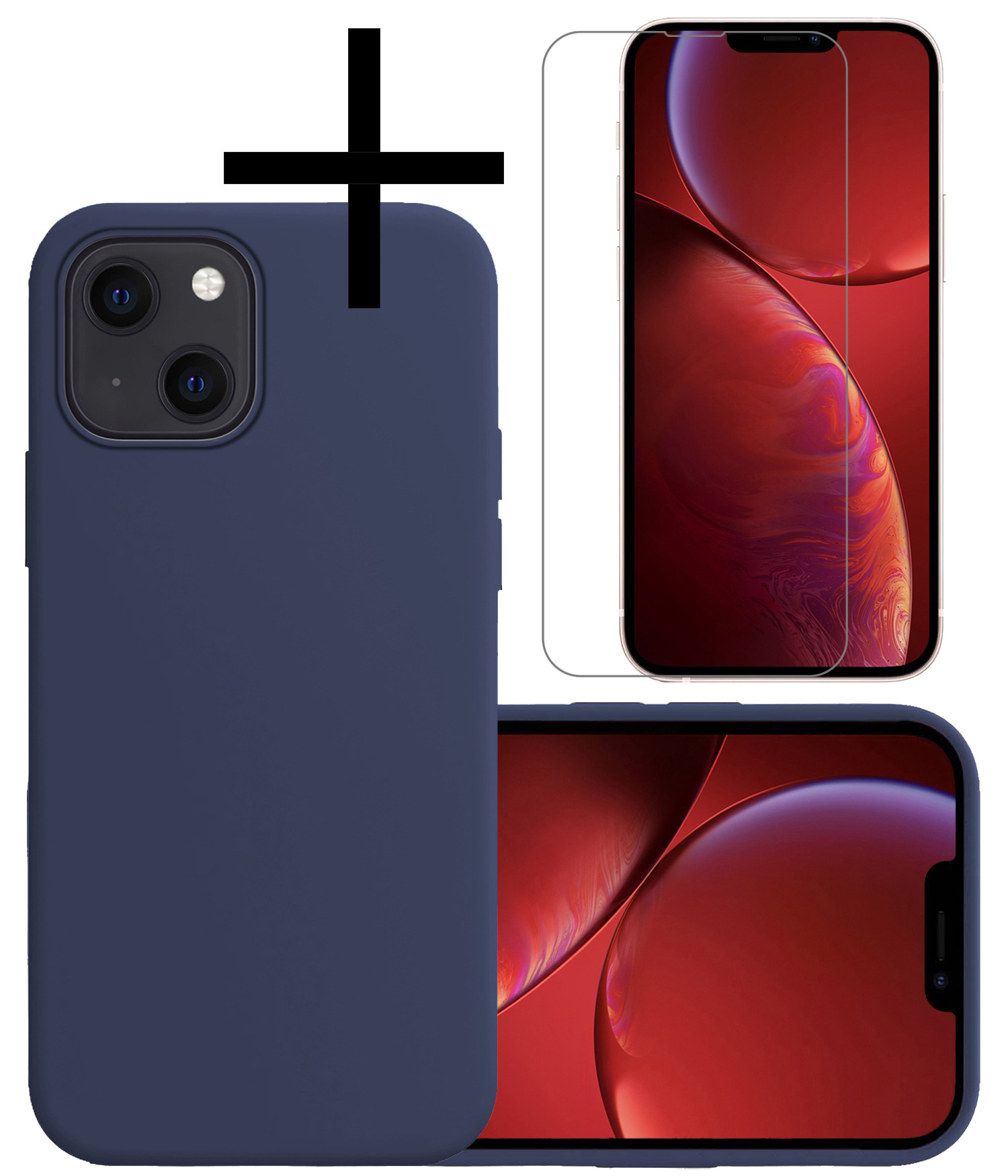 NoXx Hoes Geschikt voor iPhone 13 Mini Hoesje Cover Siliconen Back Case Hoes Met Screenprotector - Donkerblauw
