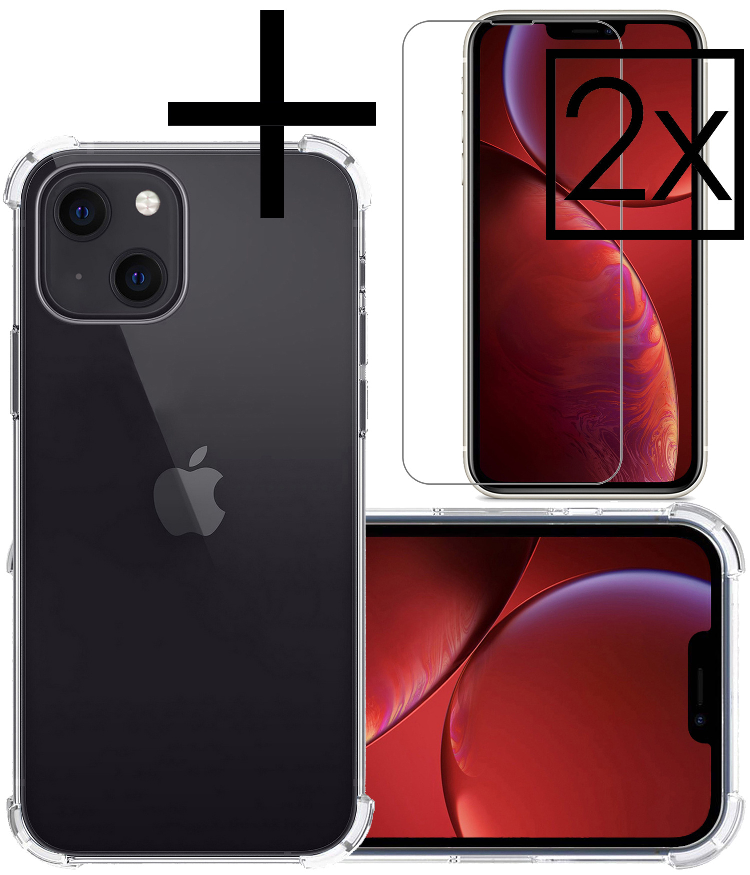 NoXx Hoes Geschikt voor iPhone 13 Hoesje Siliconen Cover Shock Proof Back Case Shockproof Hoes Met 2x Screenprotector - Transparant