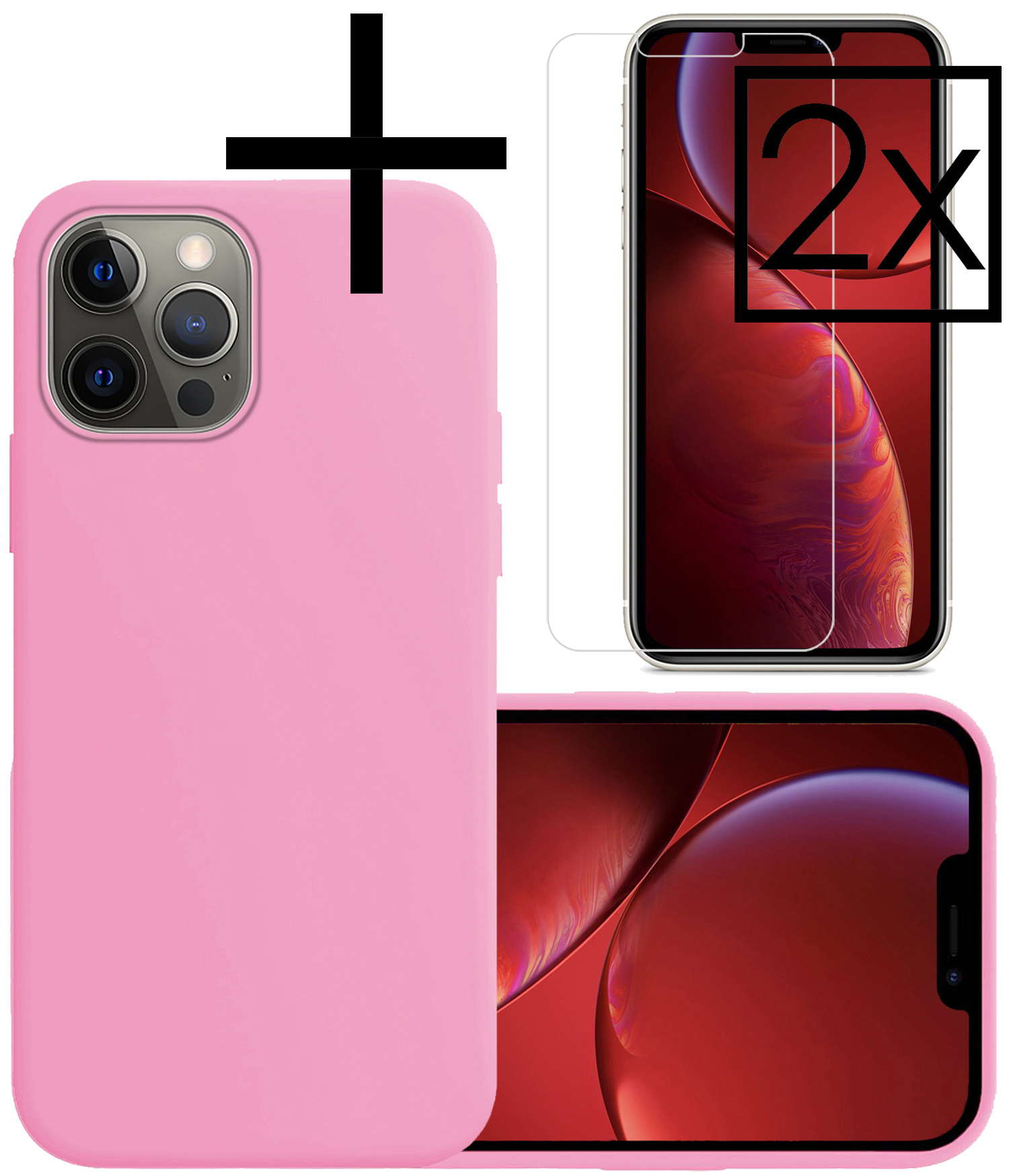 NoXx Hoes Geschikt voor iPhone 13 Pro Hoesje Cover Siliconen Back Case Hoes Met 2x Screenprotector - Lichtroze