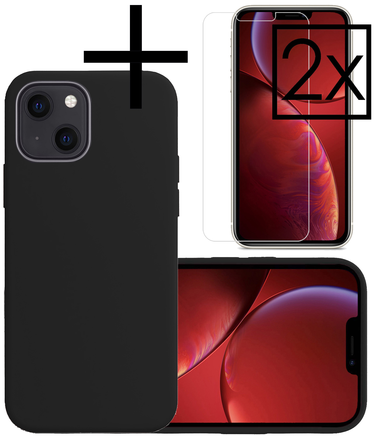 NoXx Hoes Geschikt voor iPhone 13 Hoesje Cover Siliconen Back Case Hoes Met 2x Screenprotector - Zwart