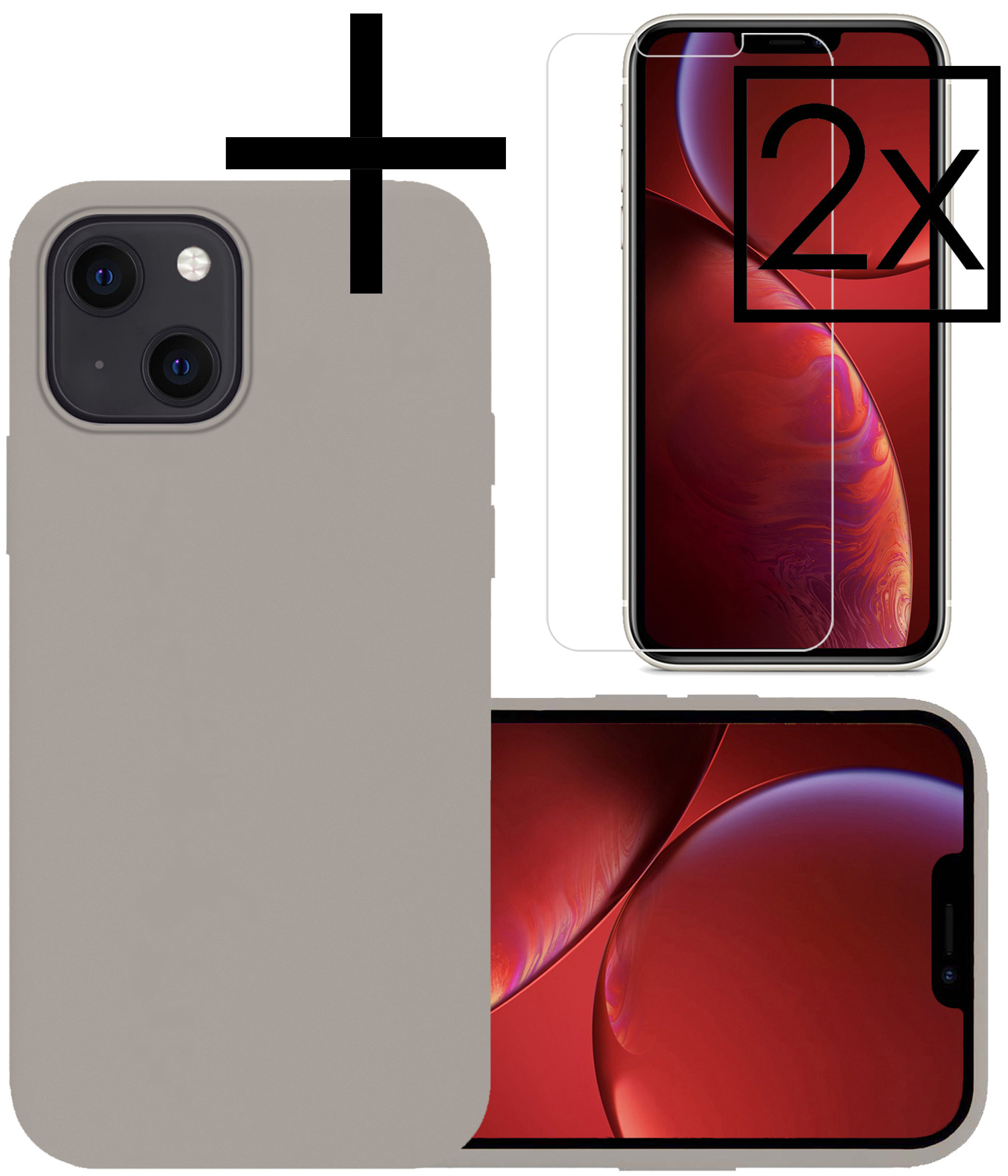 NoXx Hoes Geschikt voor iPhone 13 Hoesje Cover Siliconen Back Case Hoes Met 2x Screenprotector - Grijs
