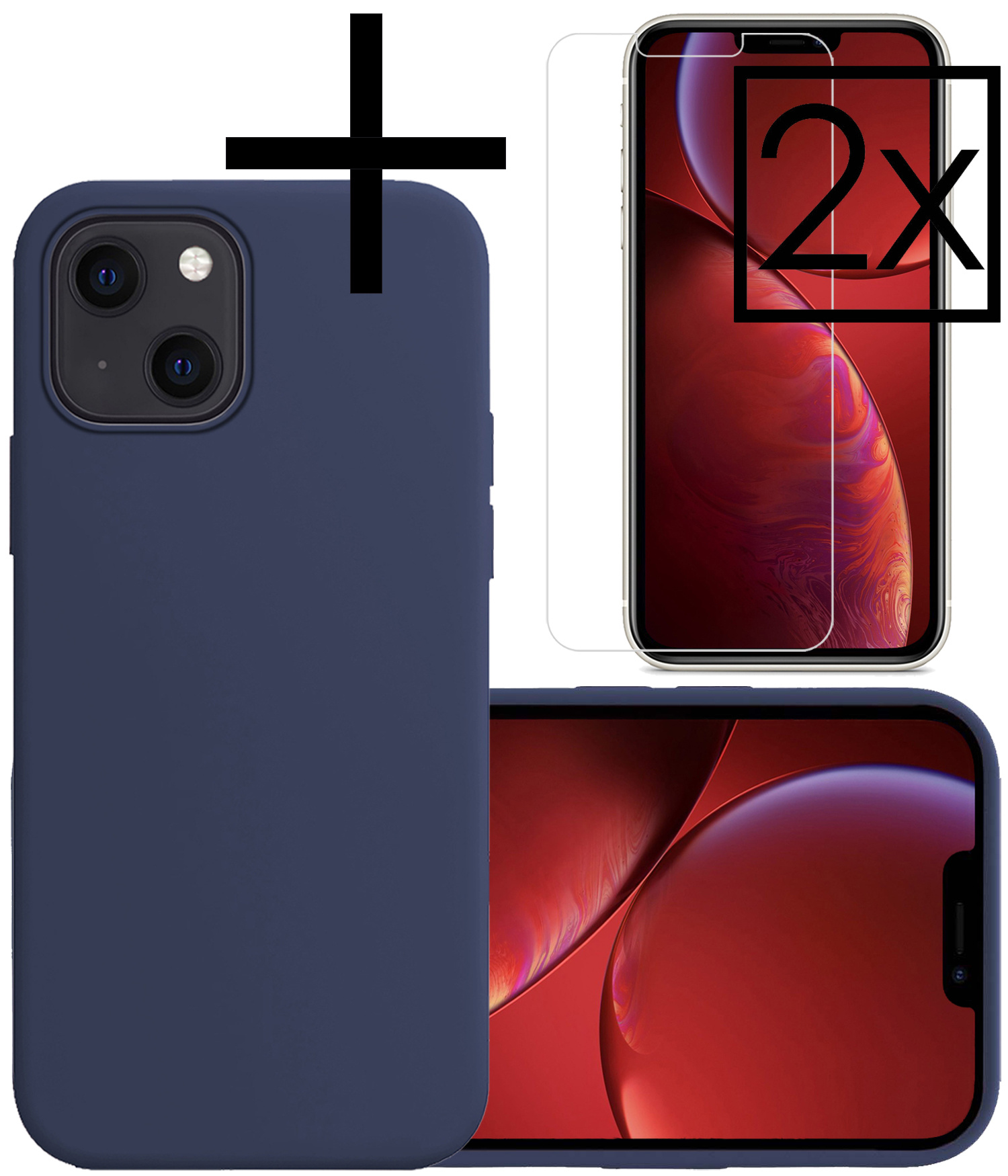 NoXx Hoes Geschikt voor iPhone 13 Hoesje Cover Siliconen Back Case Hoes Met 2x Screenprotector - Donkerblauw