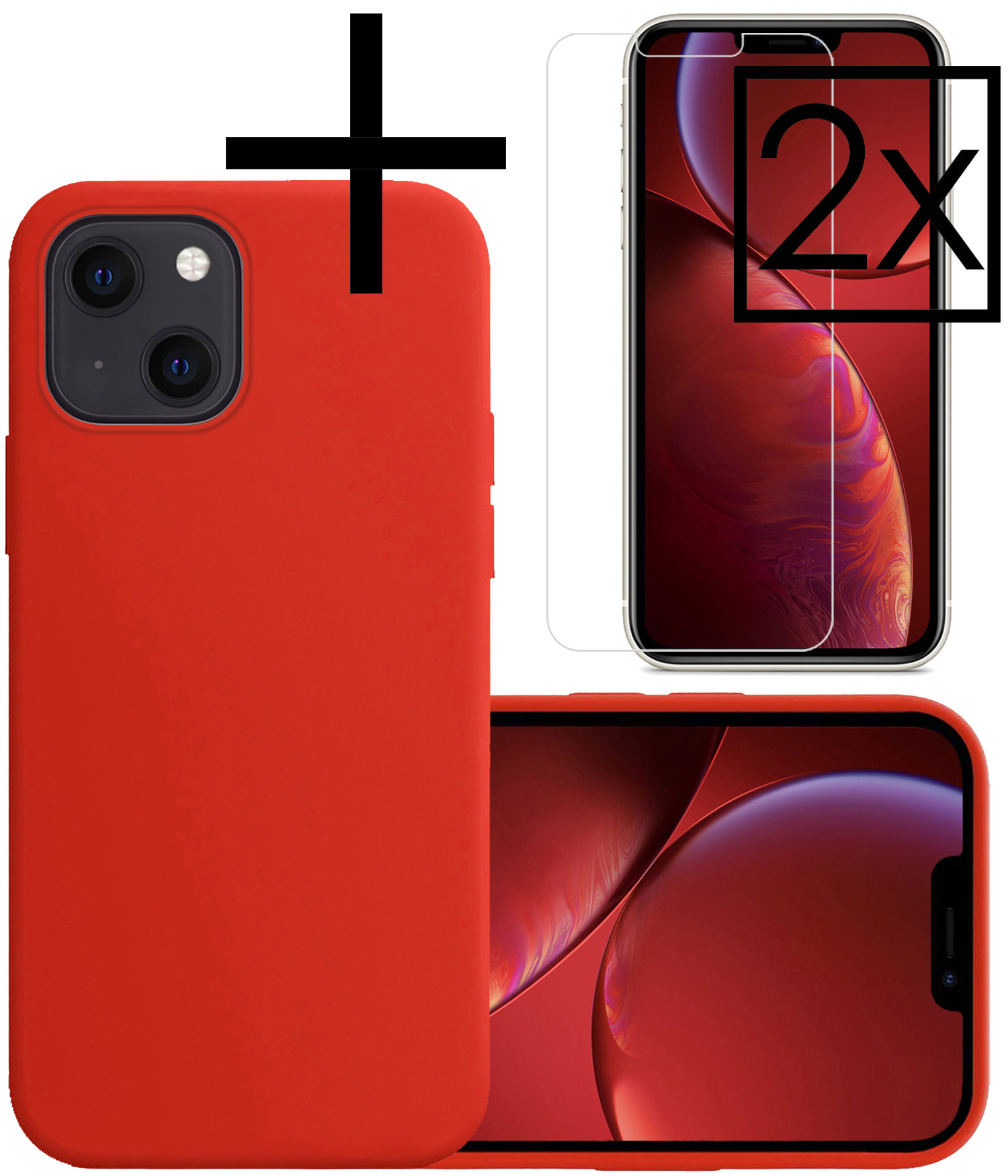 NoXx Hoes Geschikt voor iPhone 13 Mini Hoesje Cover Siliconen Back Case Hoes Met 2x Screenprotector - Rood