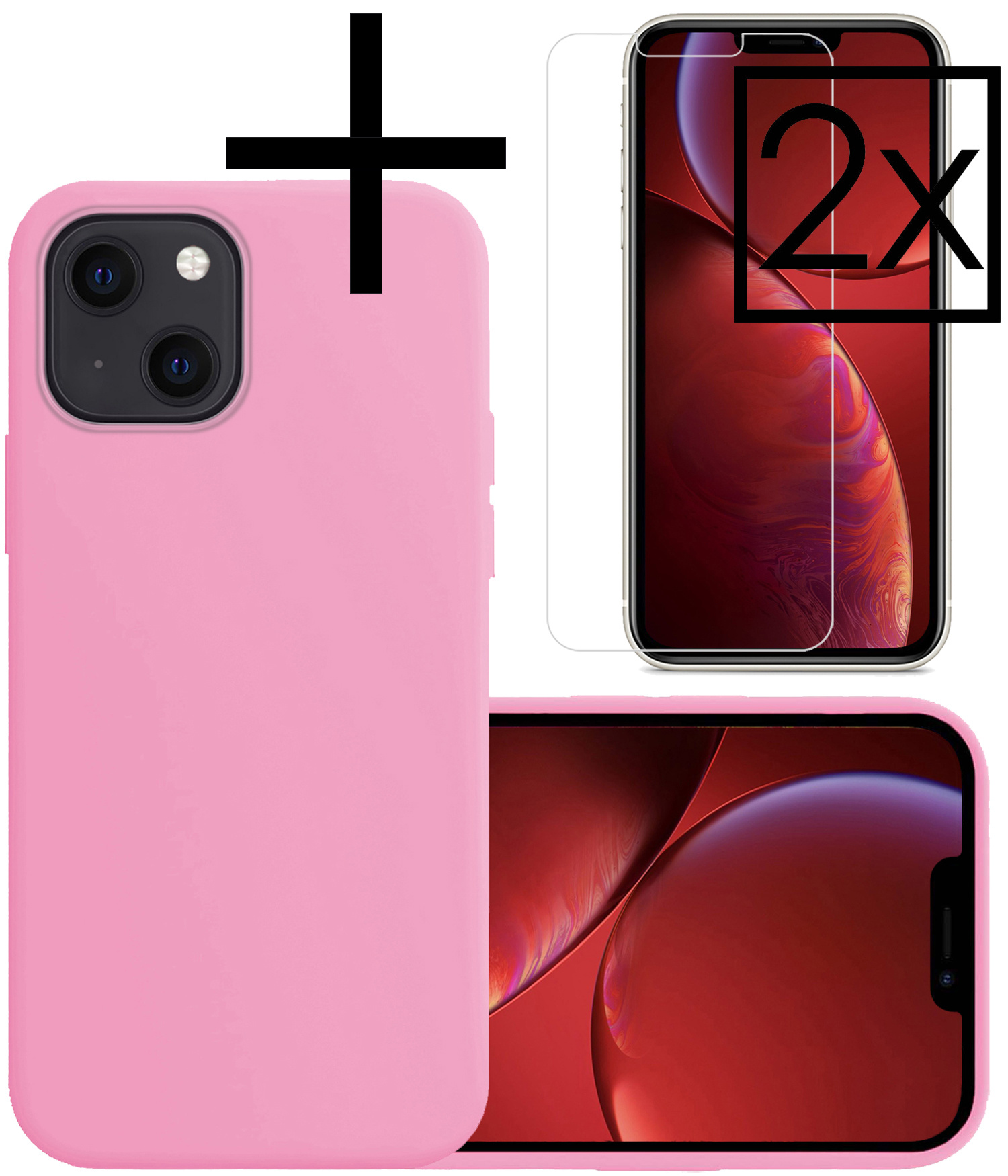 NoXx Hoes Geschikt voor iPhone 13 Mini Hoesje Cover Siliconen Back Case Hoes Met 2x Screenprotector - Lichtroze