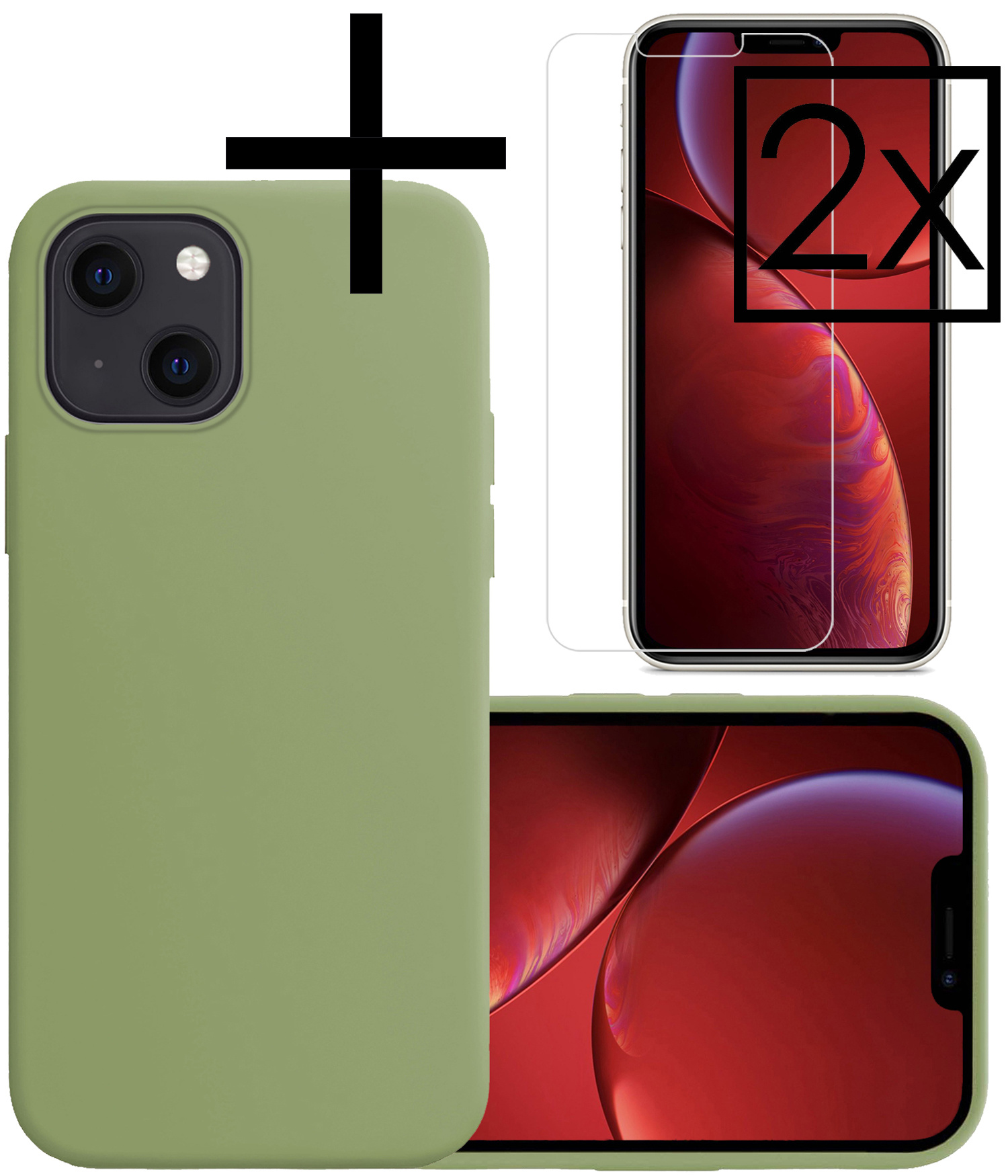 NoXx Hoes Geschikt voor iPhone 13 Mini Hoesje Cover Siliconen Back Case Hoes Met 2x Screenprotector - Groen