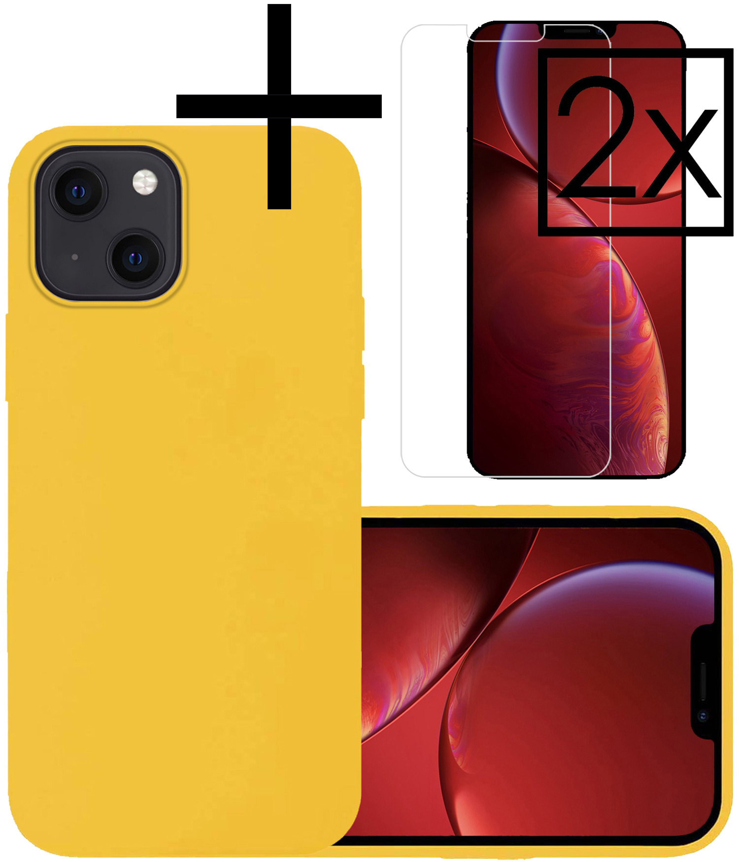 NoXx Hoes Geschikt voor iPhone 13 Mini Hoesje Cover Siliconen Back Case Hoes Met 2x Screenprotector - Geel