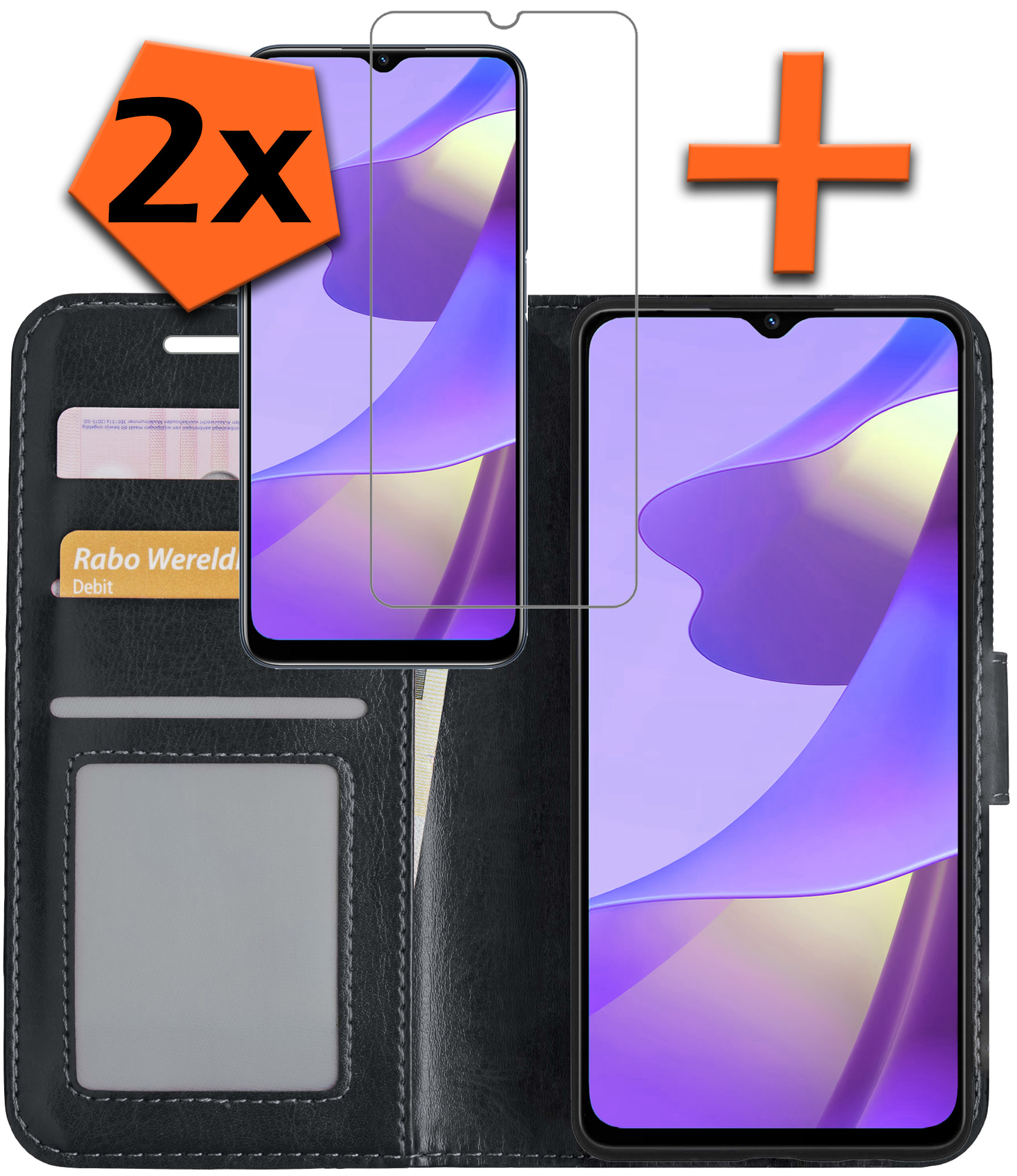 Nomfy Hoesje Geschikt voor OPPO A16 Hoes Bookcase Flipcase Book Cover Met 2x Screenprotector - Hoes Geschikt voor OPPO A16 Hoesje Book Case - Zwart
