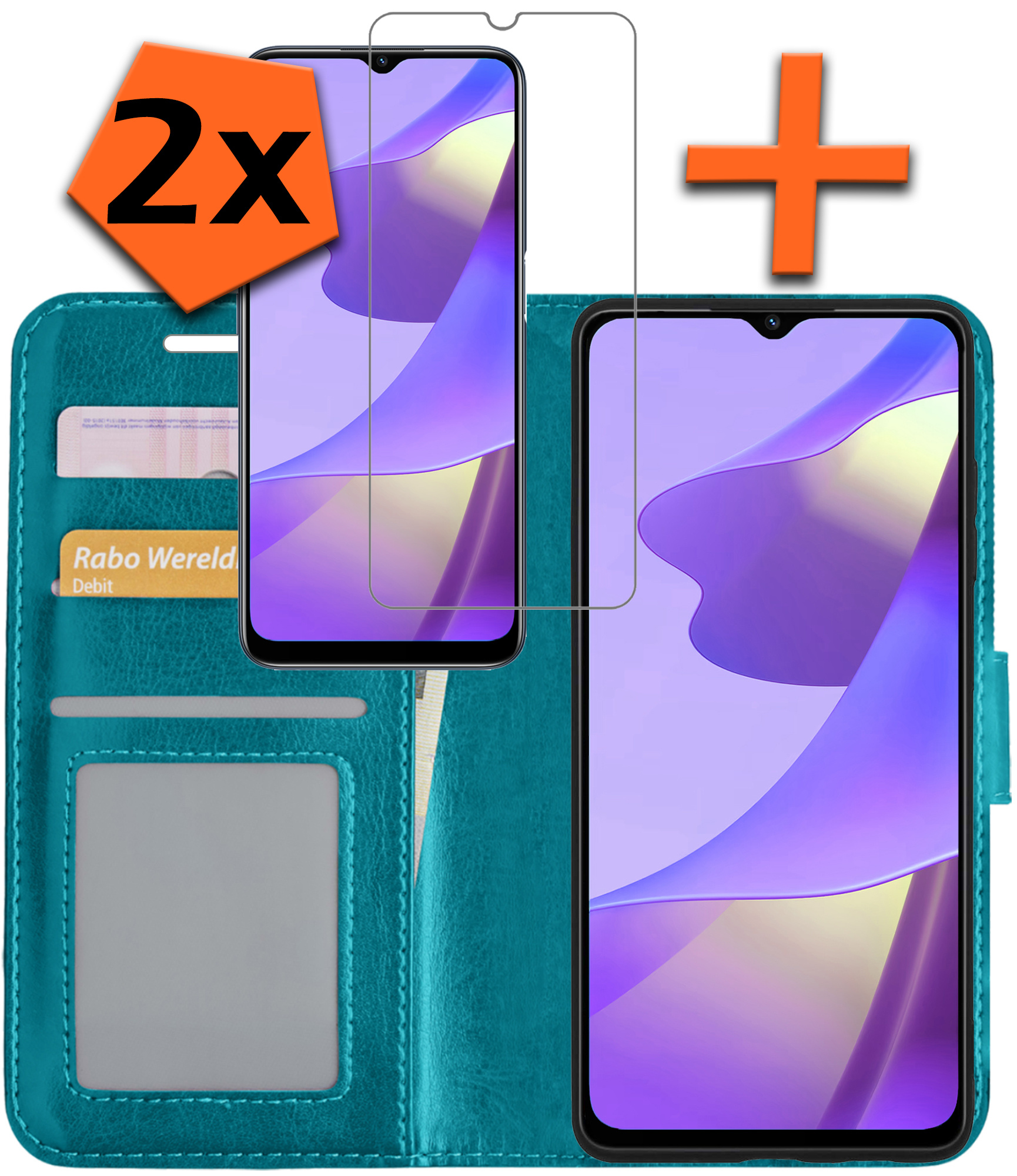 Nomfy Hoesje Geschikt voor OPPO A16 Hoes Bookcase Flipcase Book Cover Met 2x Screenprotector - Hoes Geschikt voor OPPO A16 Hoesje Book Case - Turquoise