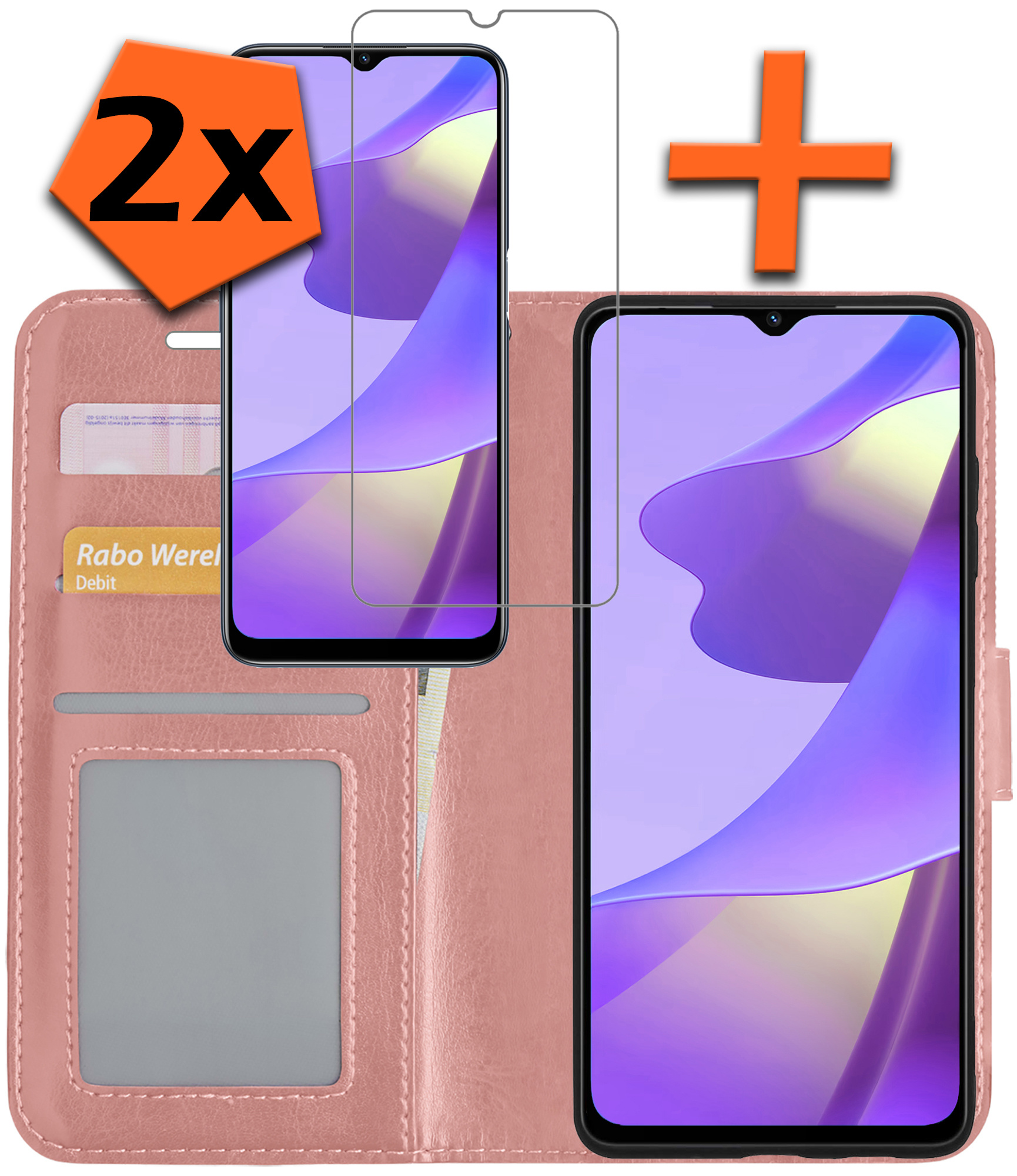 Nomfy Hoesje Geschikt voor OPPO A16 Hoes Bookcase Flipcase Book Cover Met 2x Screenprotector - Hoes Geschikt voor OPPO A16 Hoesje Book Case - Rosé goud