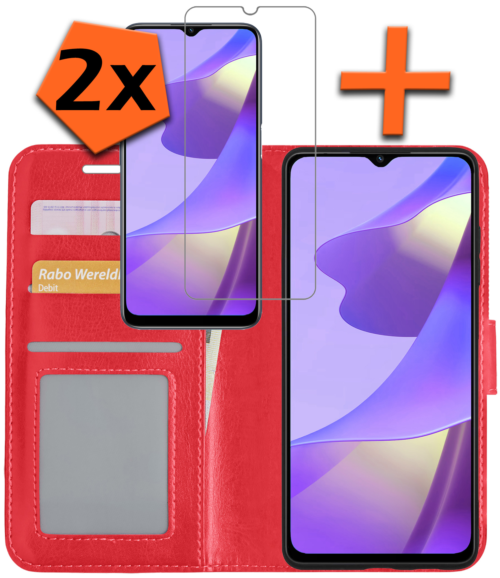 Nomfy Hoesje Geschikt voor OPPO A16 Hoes Bookcase Flipcase Book Cover Met 2x Screenprotector - Hoes Geschikt voor OPPO A16 Hoesje Book Case - Rood