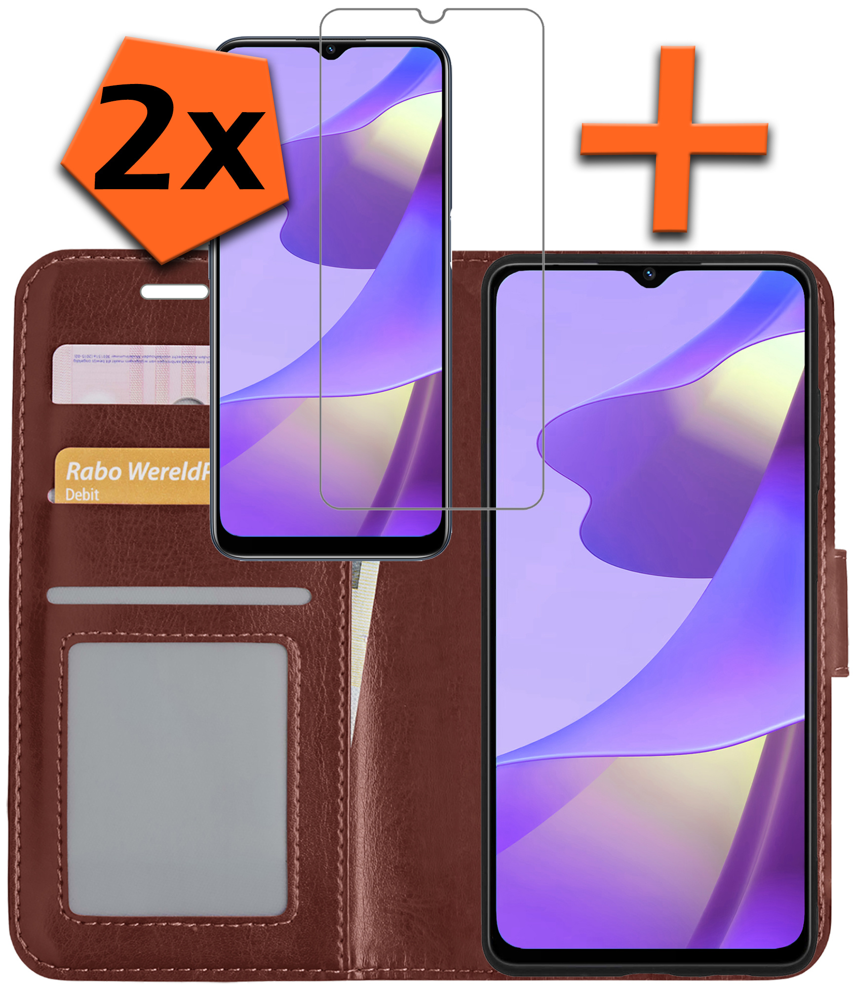 Nomfy Hoesje Geschikt voor OPPO A16 Hoes Bookcase Flipcase Book Cover Met 2x Screenprotector - Hoes Geschikt voor OPPO A16 Hoesje Book Case - Bruin