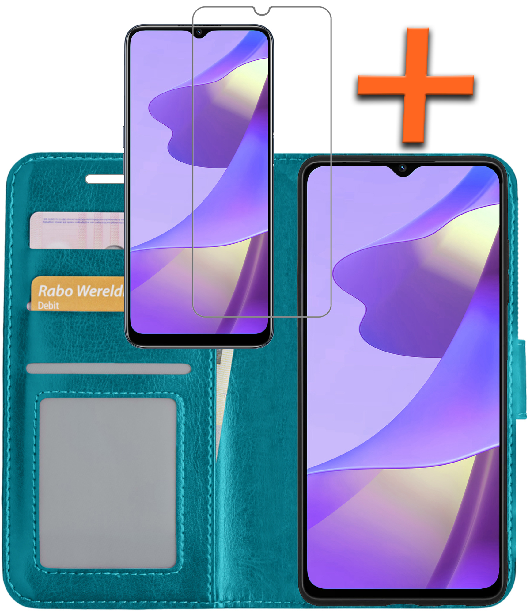 Nomfy Hoesje Geschikt voor OPPO A16 Hoes Bookcase Flipcase Book Cover Met Screenprotector - Hoes Geschikt voor OPPO A16 Hoesje Book Case - Turquoise