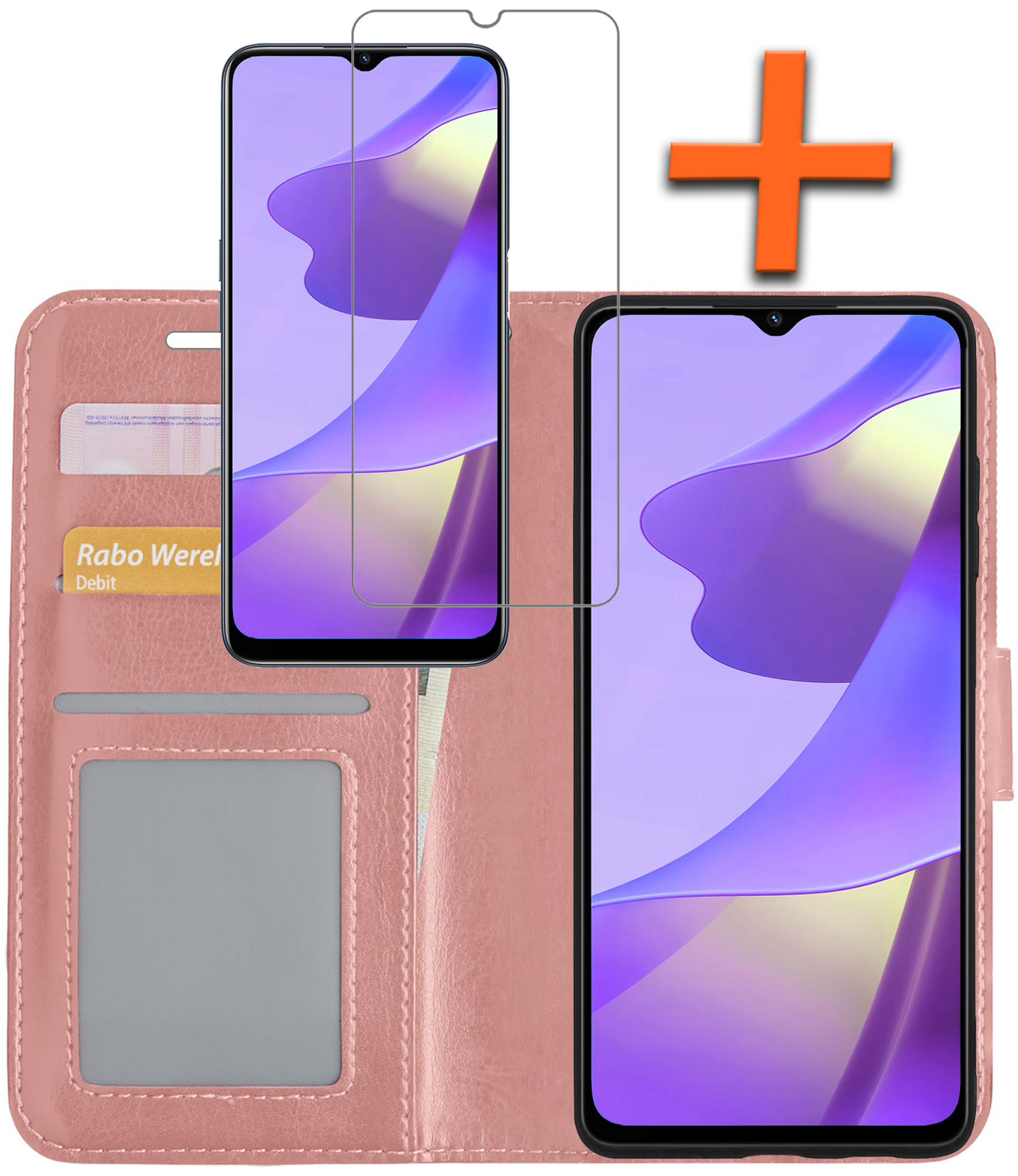 Nomfy Hoesje Geschikt voor OPPO A16 Hoes Bookcase Flipcase Book Cover Met Screenprotector - Hoes Geschikt voor OPPO A16 Hoesje Book Case - Rosé goud
