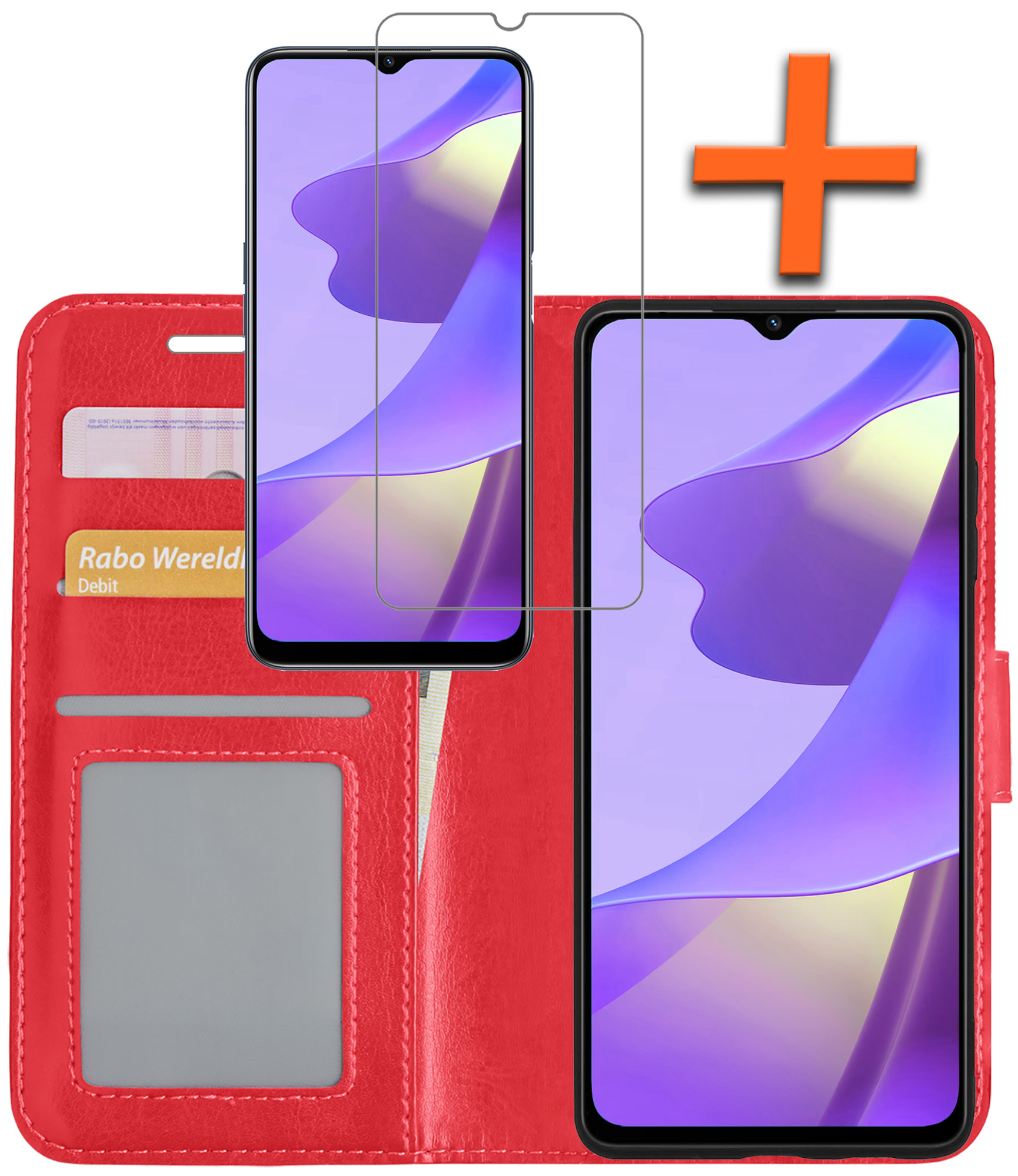 Nomfy Hoesje Geschikt voor OPPO A16 Hoes Bookcase Flipcase Book Cover Met Screenprotector - Hoes Geschikt voor OPPO A16 Hoesje Book Case - Rood