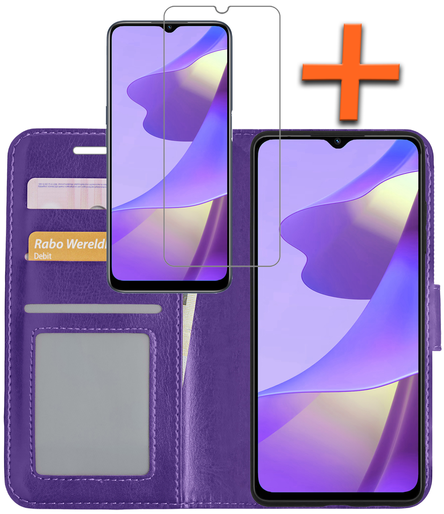 Nomfy Hoesje Geschikt voor OPPO A16 Hoes Bookcase Flipcase Book Cover Met Screenprotector - Hoes Geschikt voor OPPO A16 Hoesje Book Case - Paars