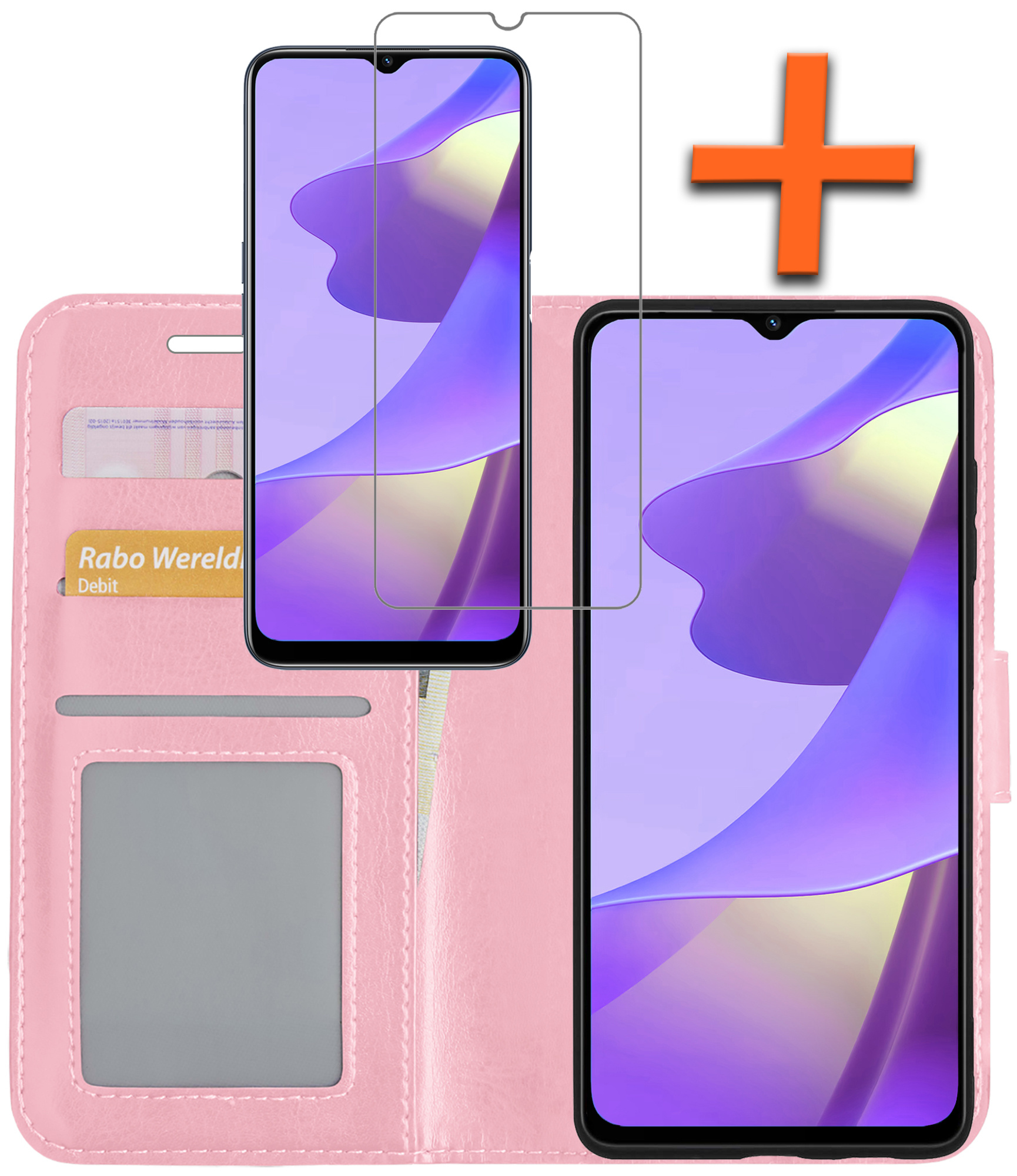 Nomfy Hoesje Geschikt voor OPPO A16 Hoes Bookcase Flipcase Book Cover Met Screenprotector - Hoes Geschikt voor OPPO A16 Hoesje Book Case - Lichtroze