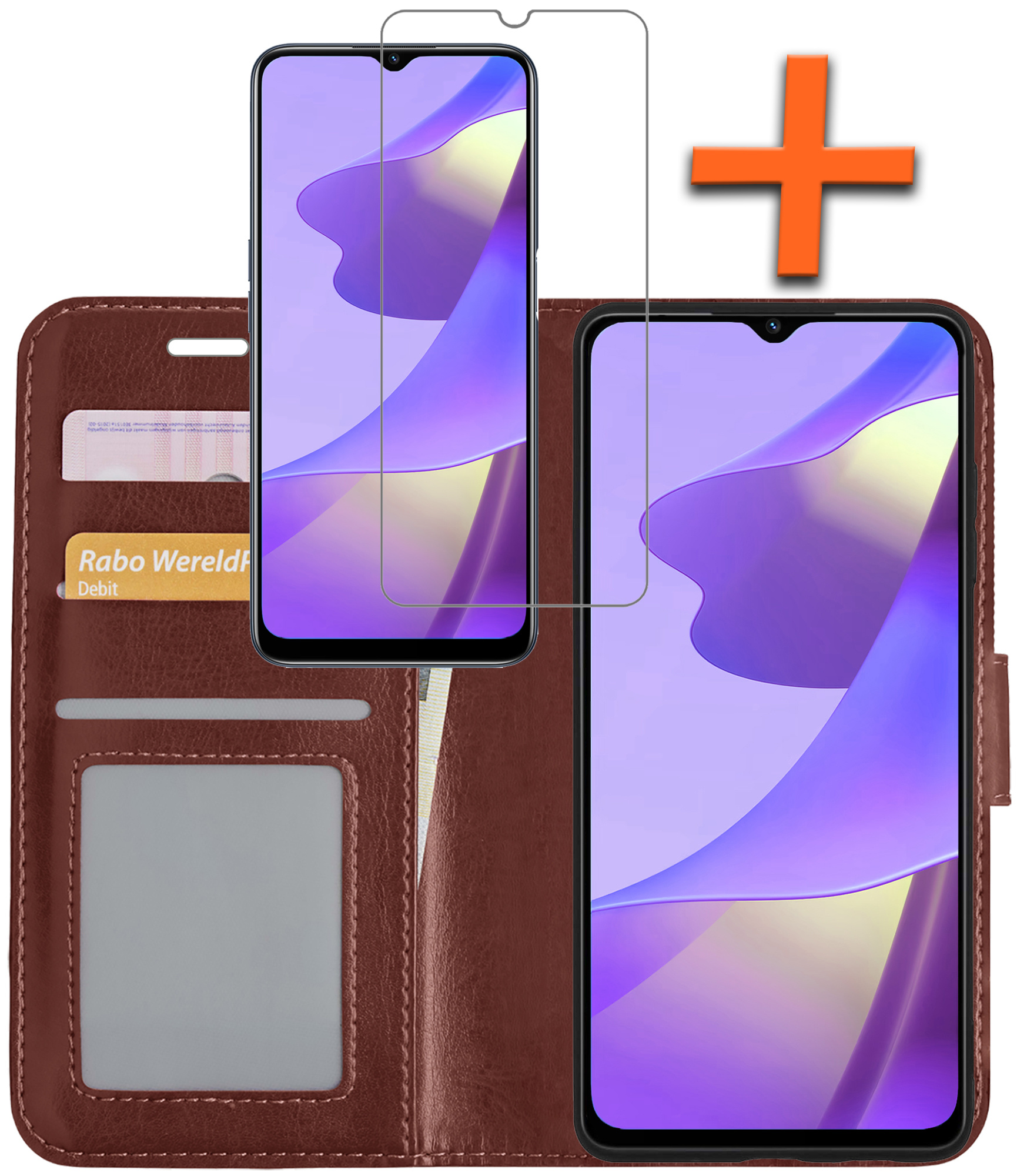 Nomfy Hoesje Geschikt voor OPPO A16 Hoes Bookcase Flipcase Book Cover Met Screenprotector - Hoes Geschikt voor OPPO A16 Hoesje Book Case - Bruin
