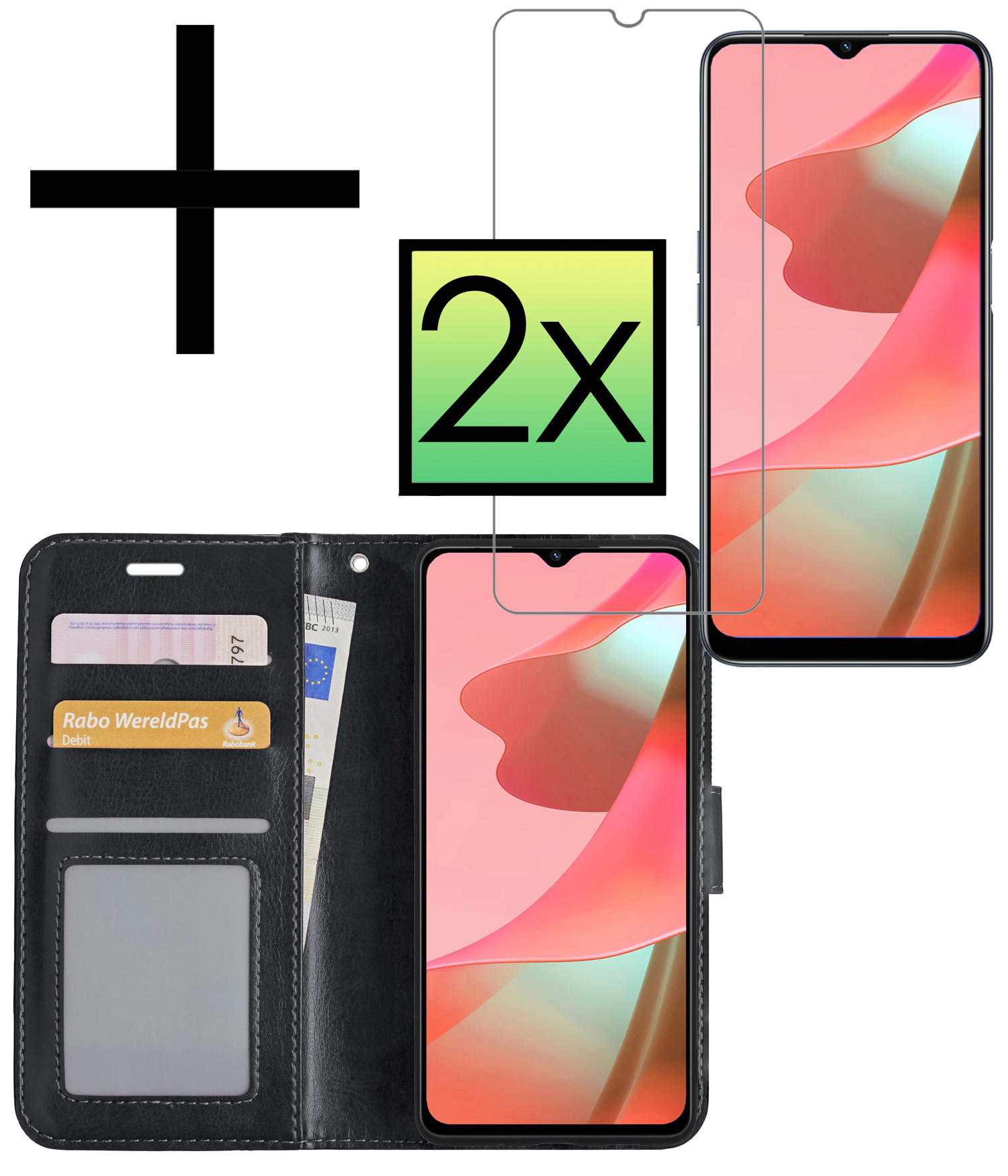 NoXx Hoes Geschikt voor OPPO A16 Hoesje Book Case Hoes Flip Cover Wallet Bookcase Met 2x Screenprotector - Zwart