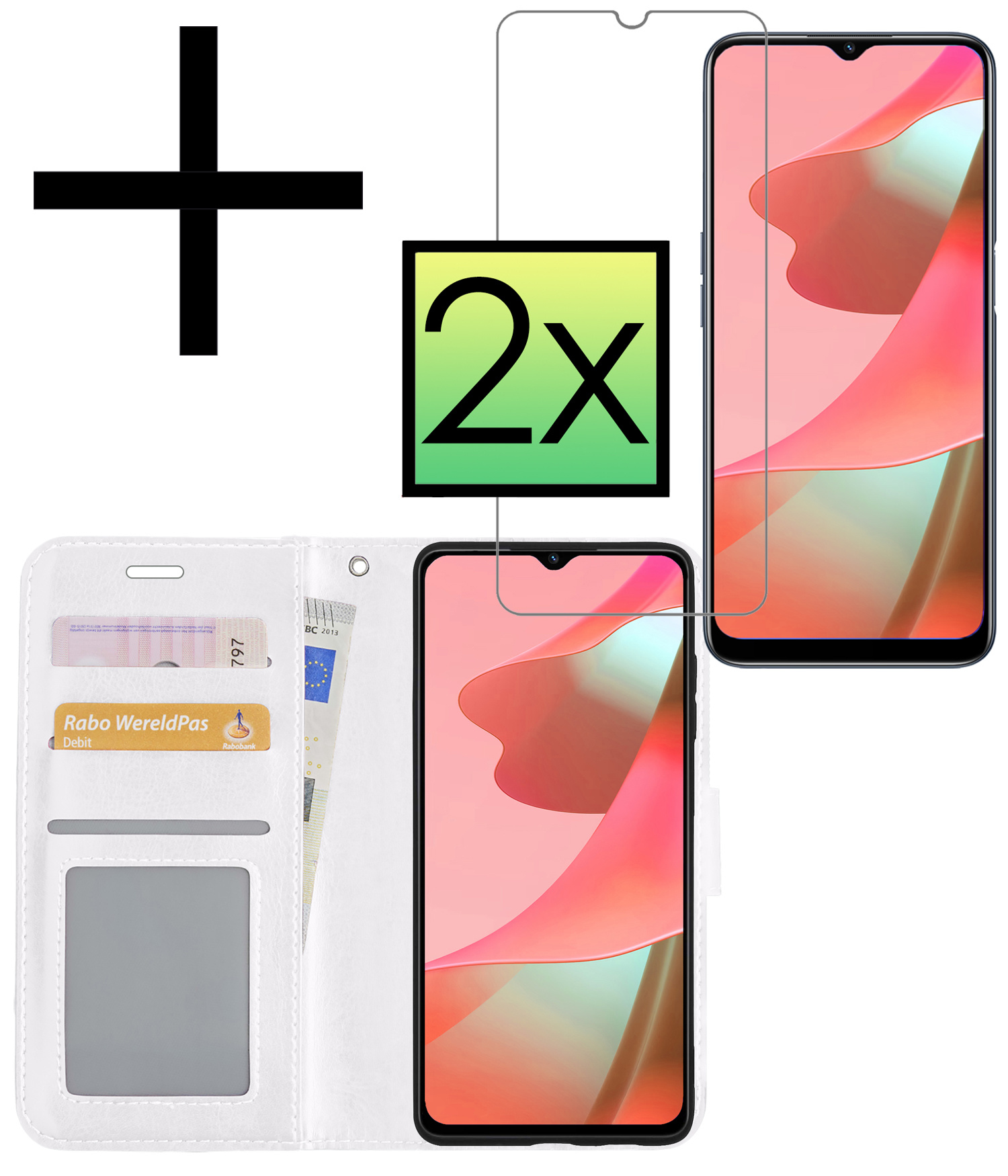 NoXx Hoes Geschikt voor OPPO A16 Hoesje Book Case Hoes Flip Cover Wallet Bookcase Met 2x Screenprotector - Wit