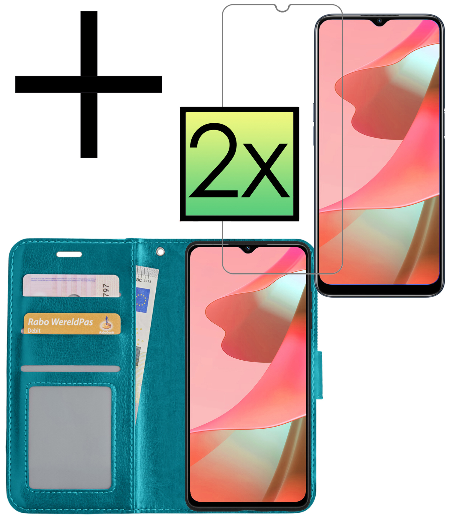 NoXx Hoes Geschikt voor OPPO A16 Hoesje Book Case Hoes Flip Cover Wallet Bookcase Met 2x Screenprotector - Turquoise