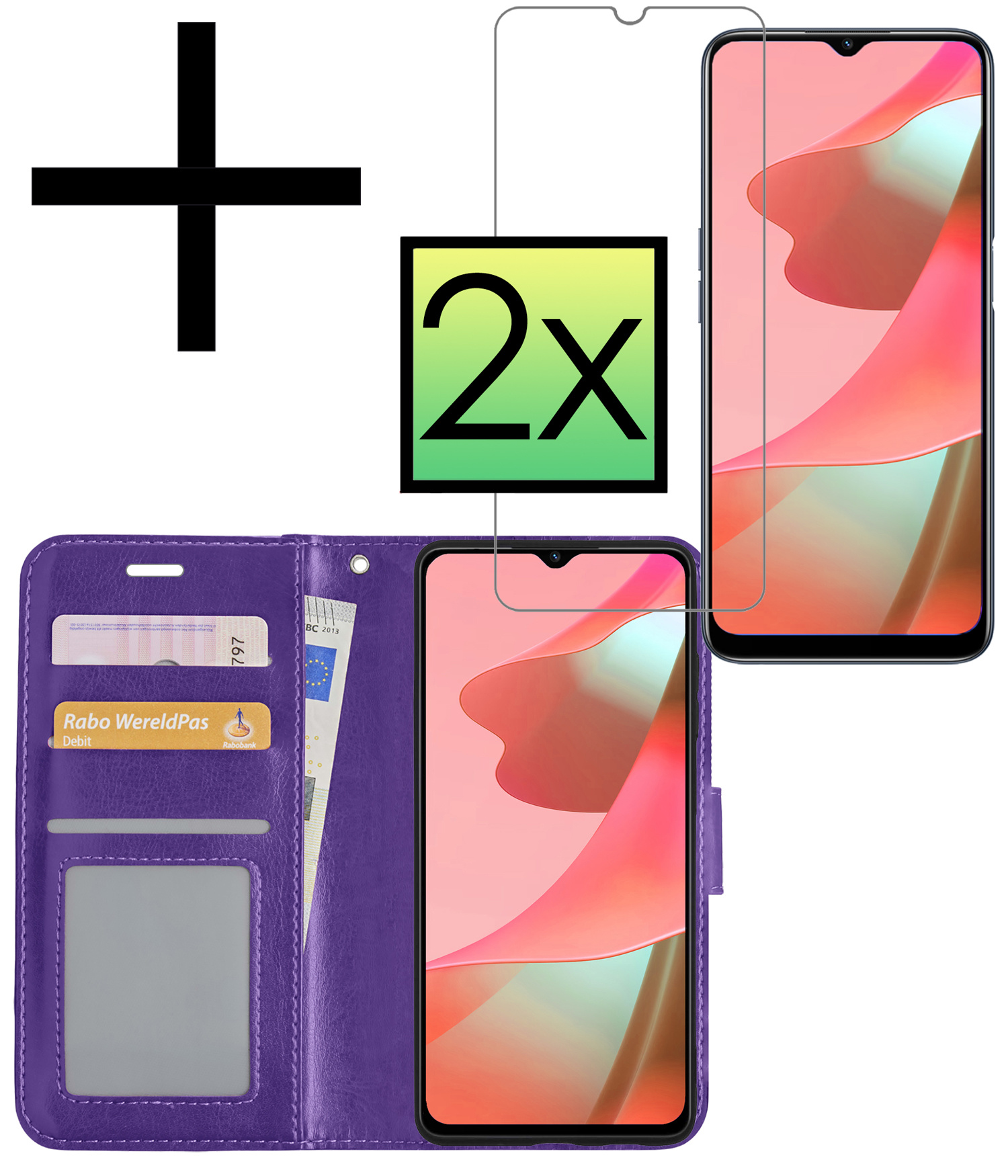 NoXx Hoes Geschikt voor OPPO A16 Hoesje Book Case Hoes Flip Cover Wallet Bookcase Met 2x Screenprotector - Paars