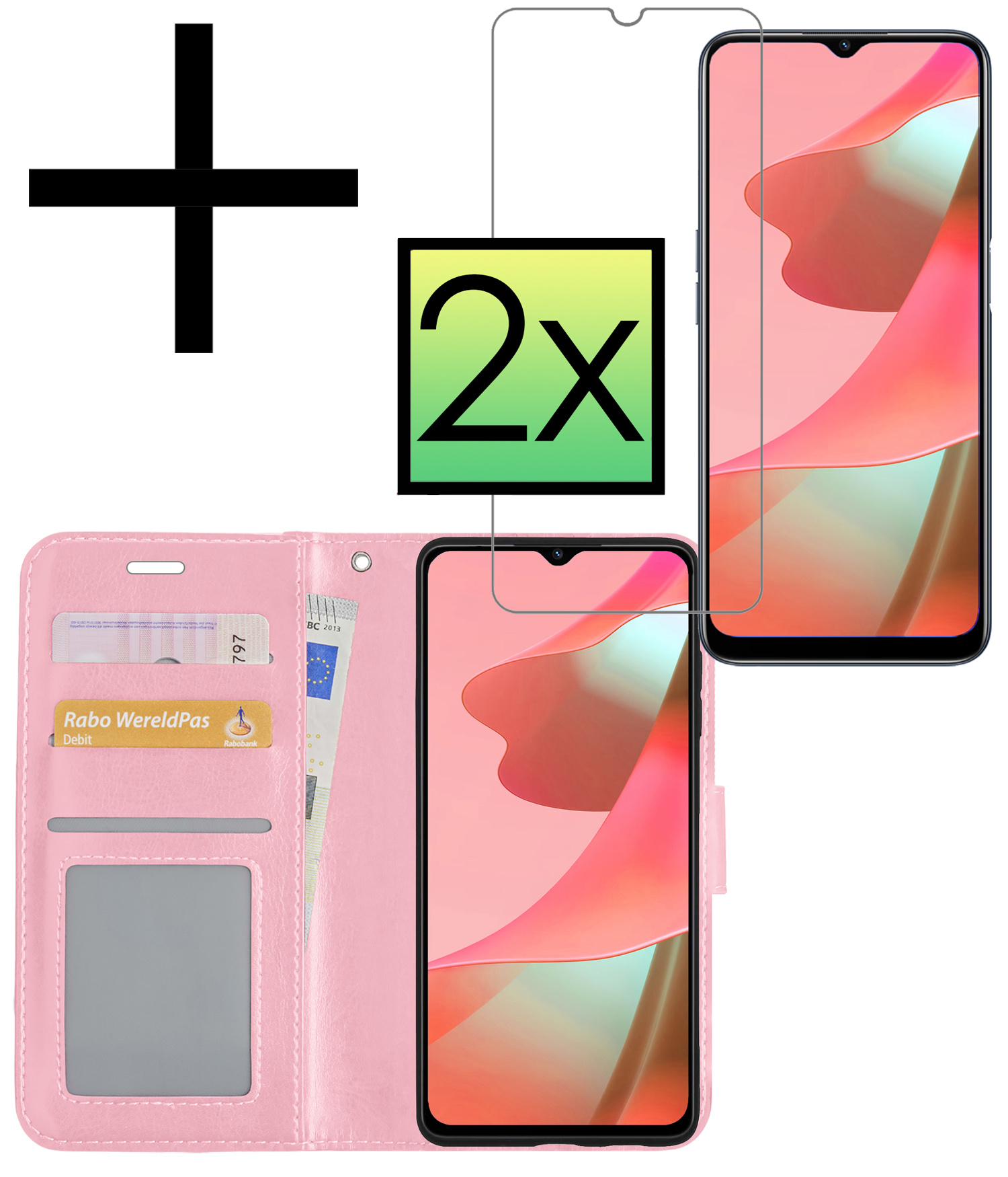 NoXx Hoes Geschikt voor OPPO A16 Hoesje Book Case Hoes Flip Cover Wallet Bookcase Met 2x Screenprotector - Lichtroze